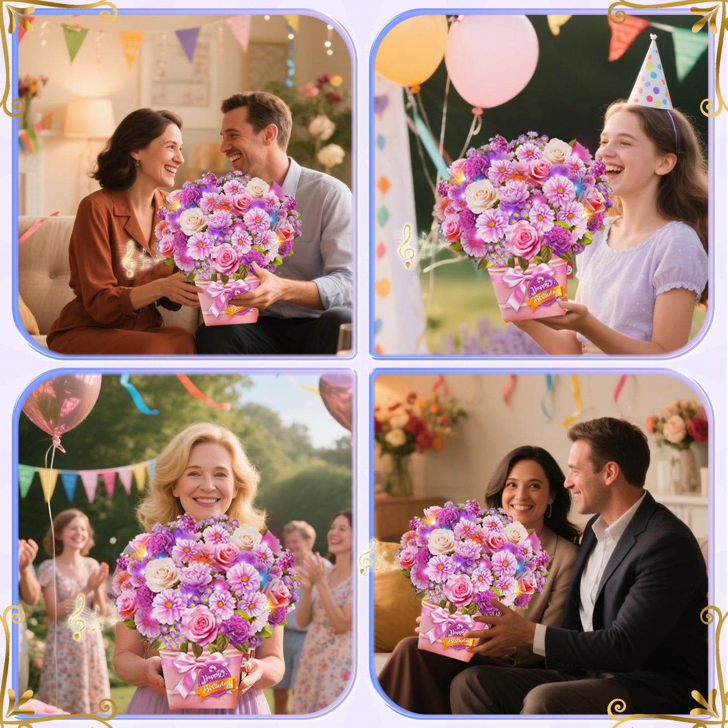 APOTODITO Birthday Cards, Birthday Card with Music and Light, Flower Bouquet 3D Card for Mom, Women, Wife (Birthday Purple Flower)