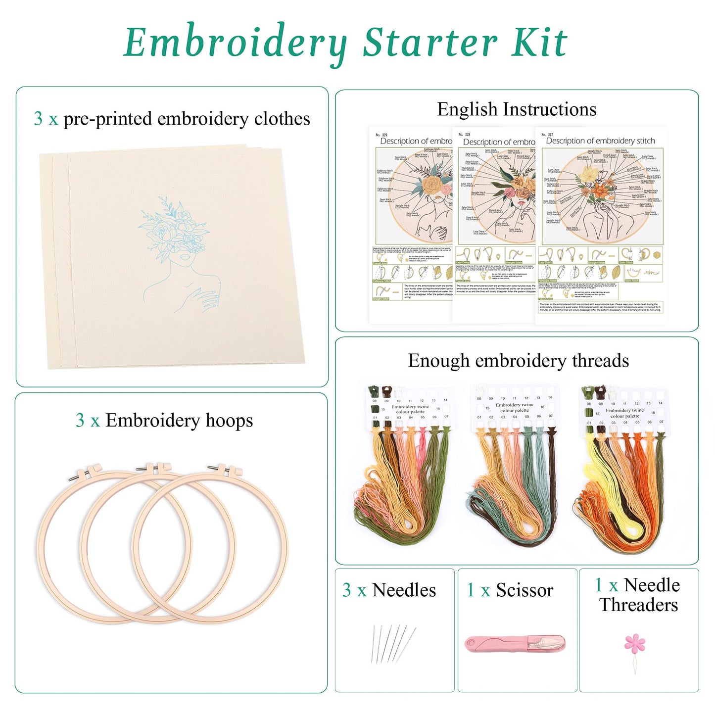 Harimau 3 in Beginner Embroidery Kit,Floral Plant Pattern,Cross Stitch Kits, Including Stamped Embroidery Cloth with 3 Embroidery Hoops, Color Threads and Embroidery Kits