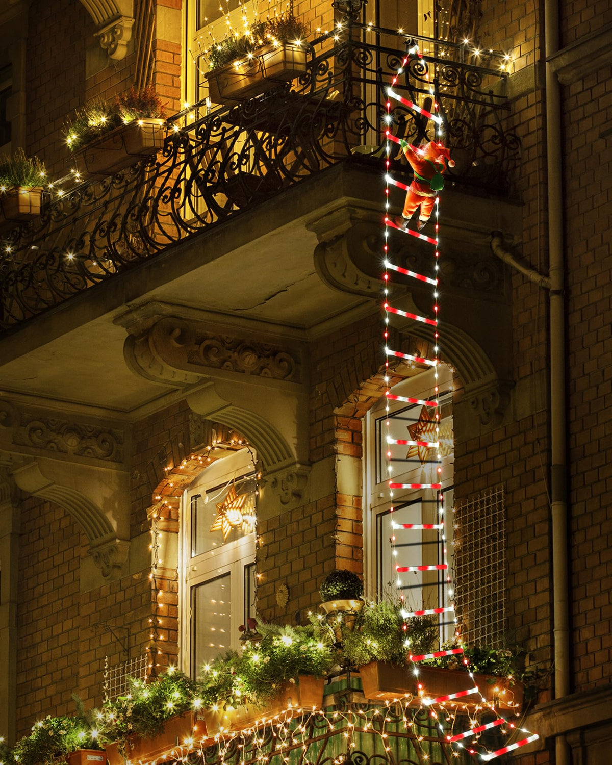 LED Christmas Lights - 10ft Christmas Decorative Ladder Lights with Santa Claus, Xmas Decorations Light for Indoor Outdoor, Window, Garden, Home, Wall, Xmas Tree Decor - White & Red