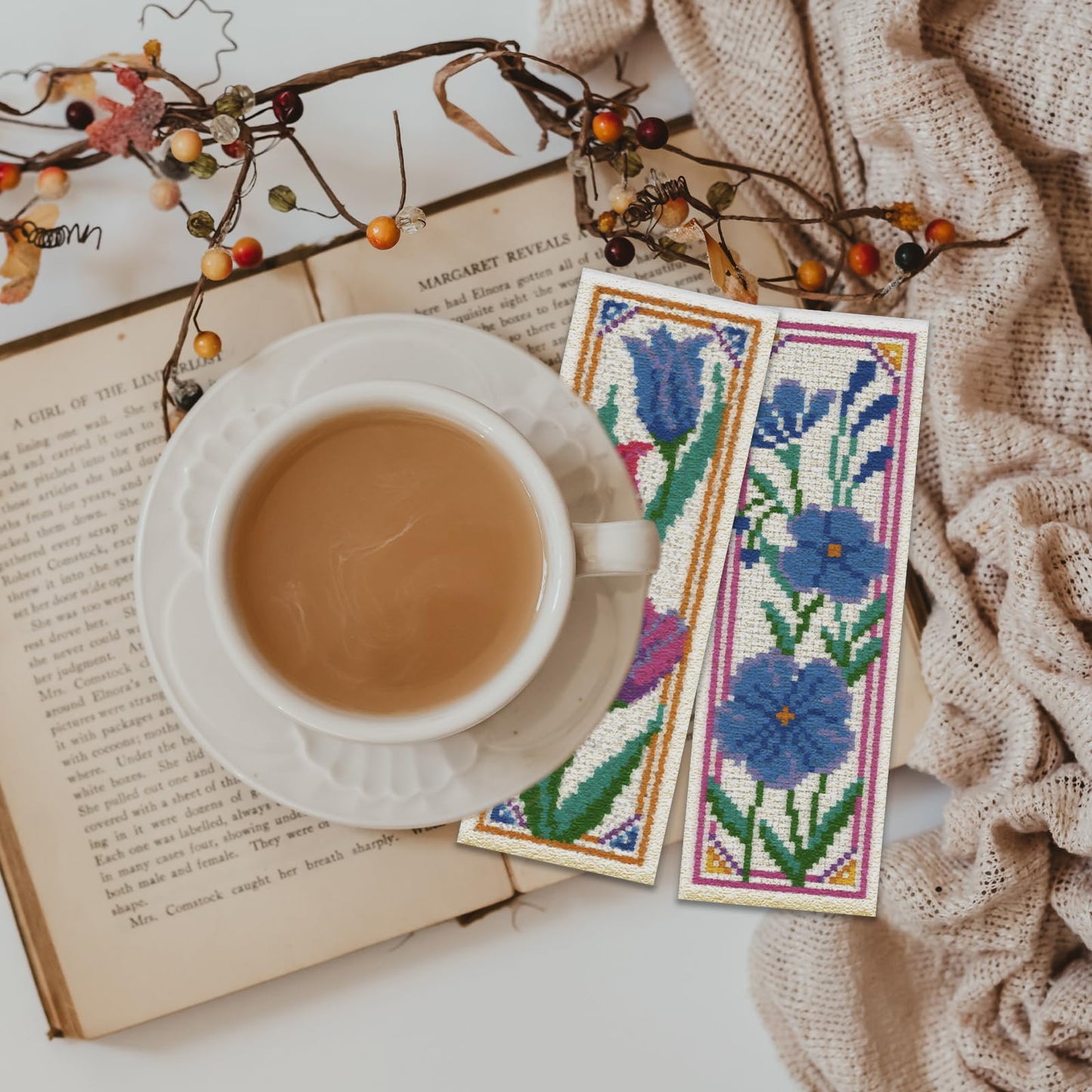 6 Pcs Flower Cross Stitch Bookmark Kit for Beginner with Backing Felt Floss Instruction Sunflowers Tulip DIY Stamped Embroidery Bookmark Kit for Starter Adults Book Lovers