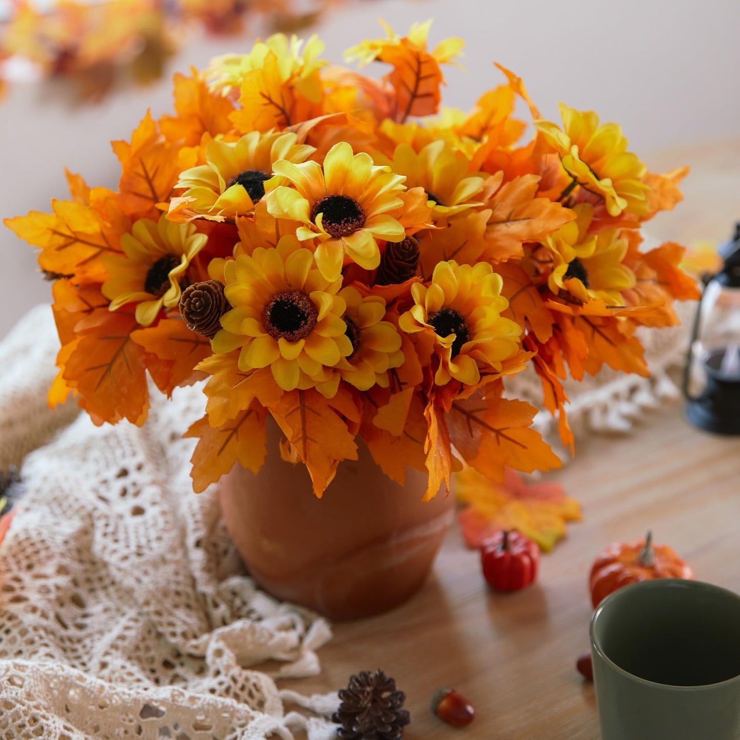 4Pcs Artificial Maple Leaf Pumpkin Branch with Berry and Sun Flowers, Autumn Floral Branch for DIY Arrangment Decor