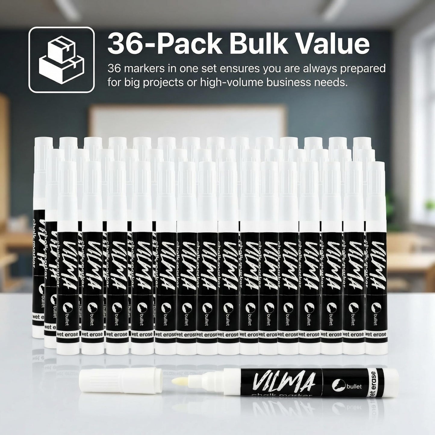 VILMA White Liquid Chalk Markers 36 Pack Chalk Pens for Blackboard, Chalkboard, Windows, Glass, LED Board, Bistro Signs – Erasable Water-Based Ink Ideal for Teachers, Artists & DIY Projects