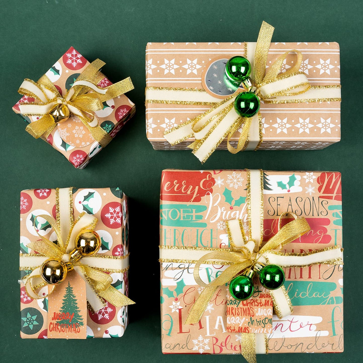 Christmas Wrapping Paper, Kraft Paper - Christmas Tree, Snowflake and Seasonal Brocade Style Designs - 4 Rolls - 30 inches x 10 feet per Roll