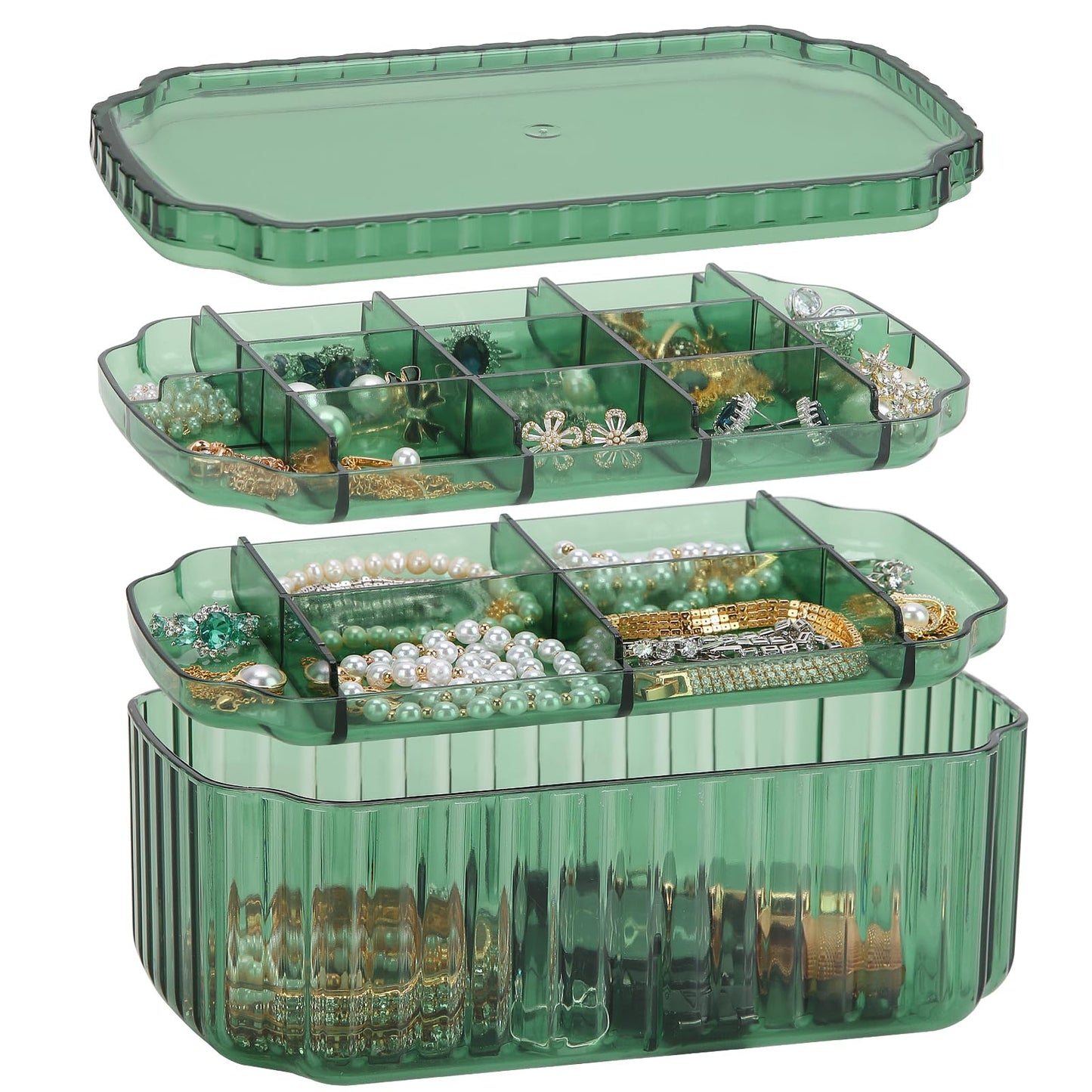 LETURE 3-Layer Jewelry Organizer Box for Earrings, Rings, Necklaces, Bracelets, Clear Plastic Bead Storage Containers for Crafts (Green)