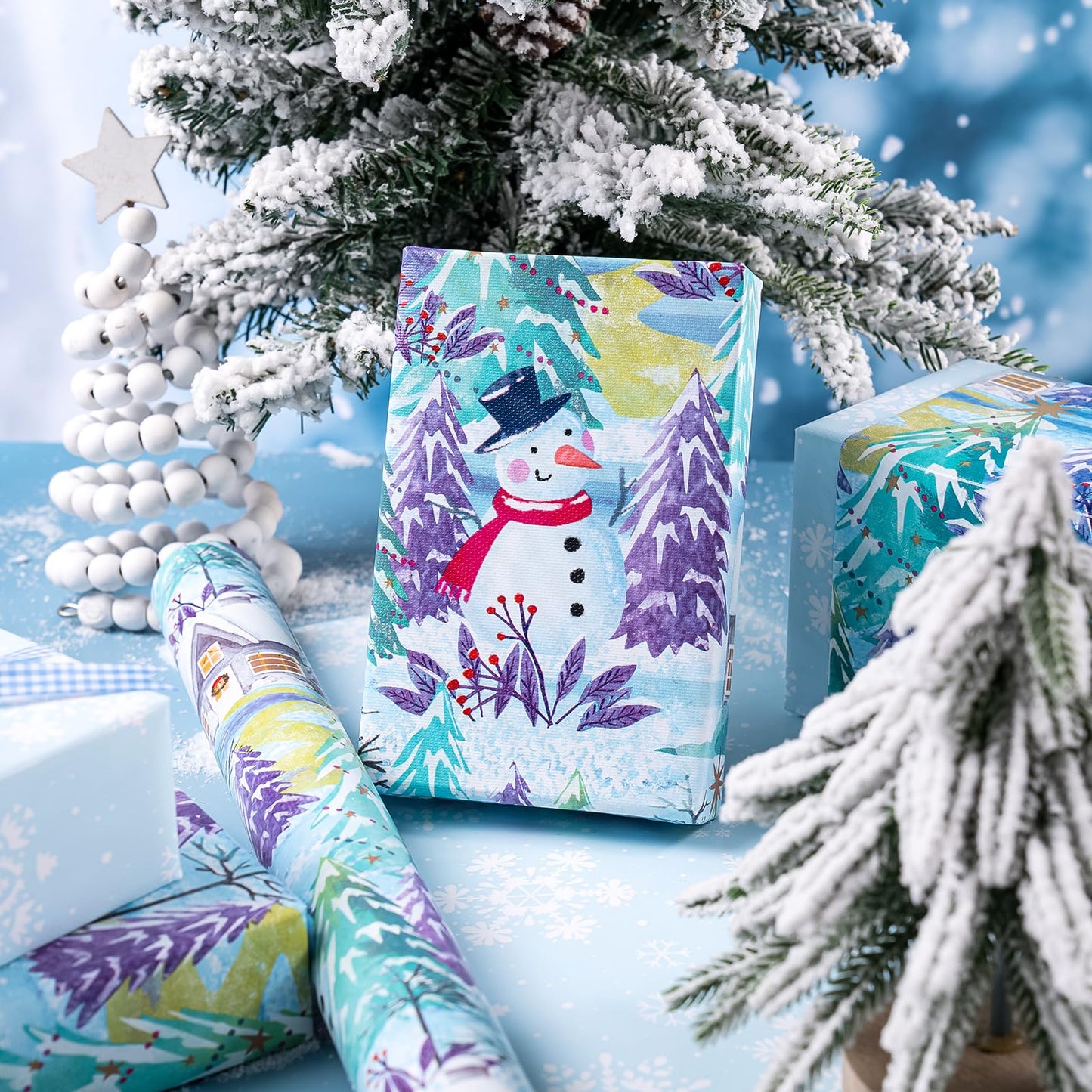Reversible Christmas Wrapping Paper - Mini Roll - 17 Inch x 33 Feet - Snowman and Snowflake Wrapping Paper with Embossed for Christmas, Holiday, Party