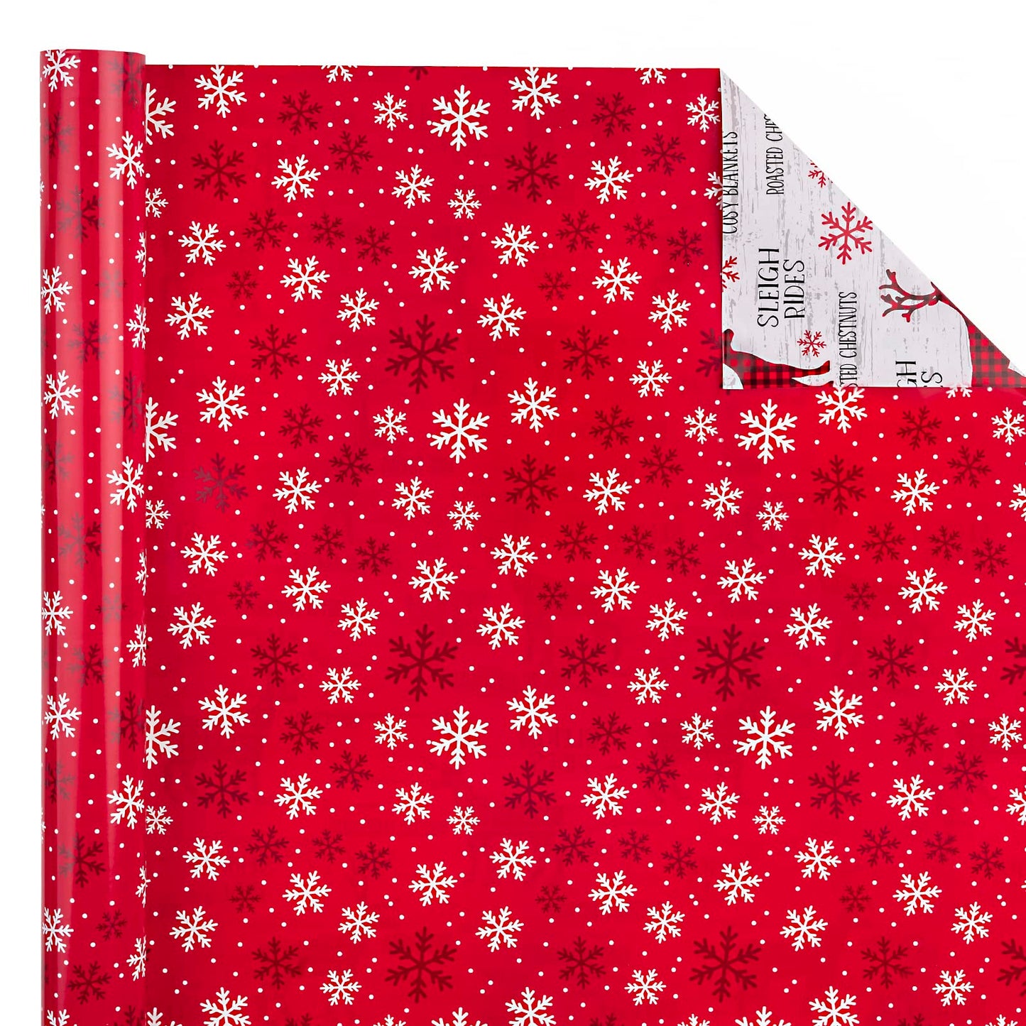 Reversible Christmas Wrapping Paper Roll - Mini Roll - 17 Inch x 33 Feet - Red White Reindeer and Snowflake Wrapping Paper for Christmas, Holiday, Party