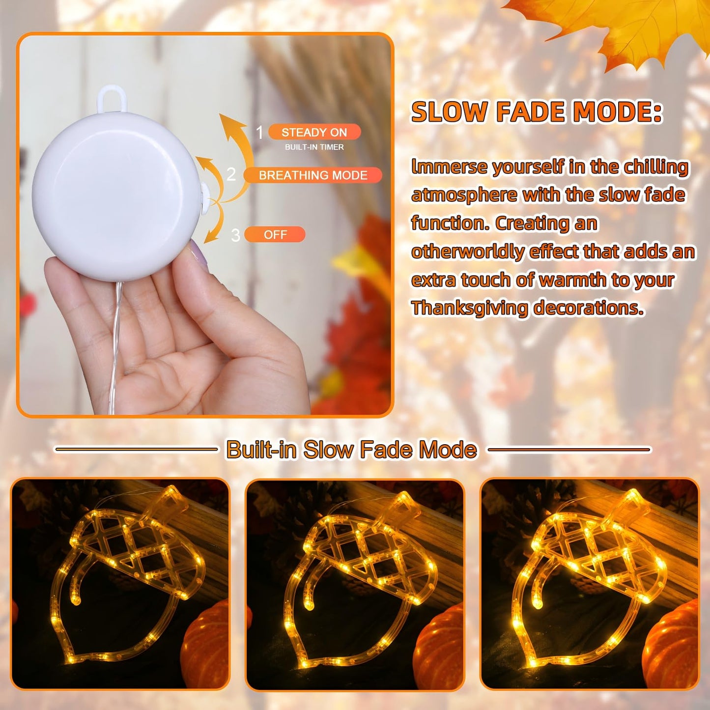 Fall Decor Window Lights 2025 Thanksgiving Decorations Acorn Maple Leaves Pumpkin LED Lights with Suction Cups Battery Operated(Exclusive) Slow Fade Mode Timer Autumn Decorations for Home