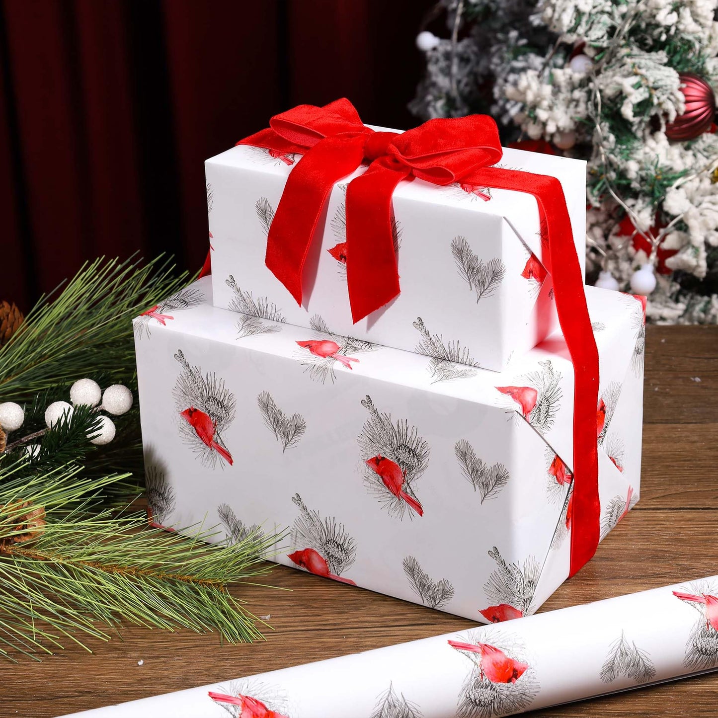 Cardinal Christmas Wrapping Paper Roll, Elegant Red Bird Holiday Gift Wrap with Pine Branches, Nature Xmas Paper for Winter Party, Presents, Family, Friends – 17 inch x 33 feet