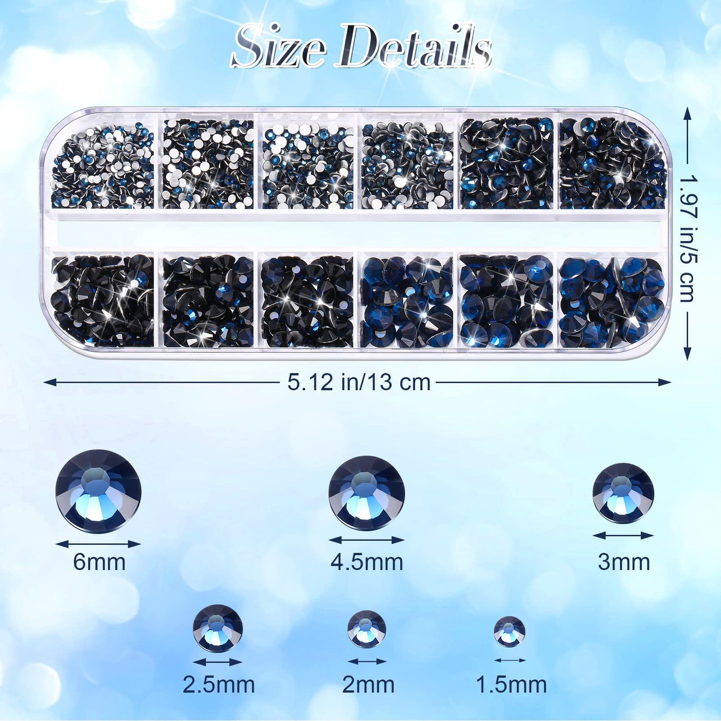 2000 Pieces Flat Back Gems Rhinestones 6 Sizes (1.5-6 Mm) Round Crystal Rhinestones with Pick up Tweezer and Rhinestones Picking Pen for Crafts Nail Clothes Shoes Bags DIY Art (Navy Blue)