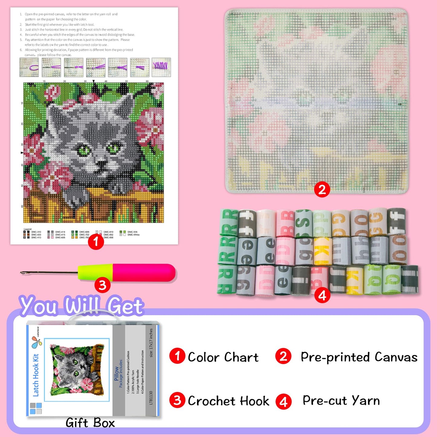 Latch Hook Kits for DIY Throw Pillow Cover,Flower Cat Needlework Cushion Cover Hand Craft Crochet 17X17inch