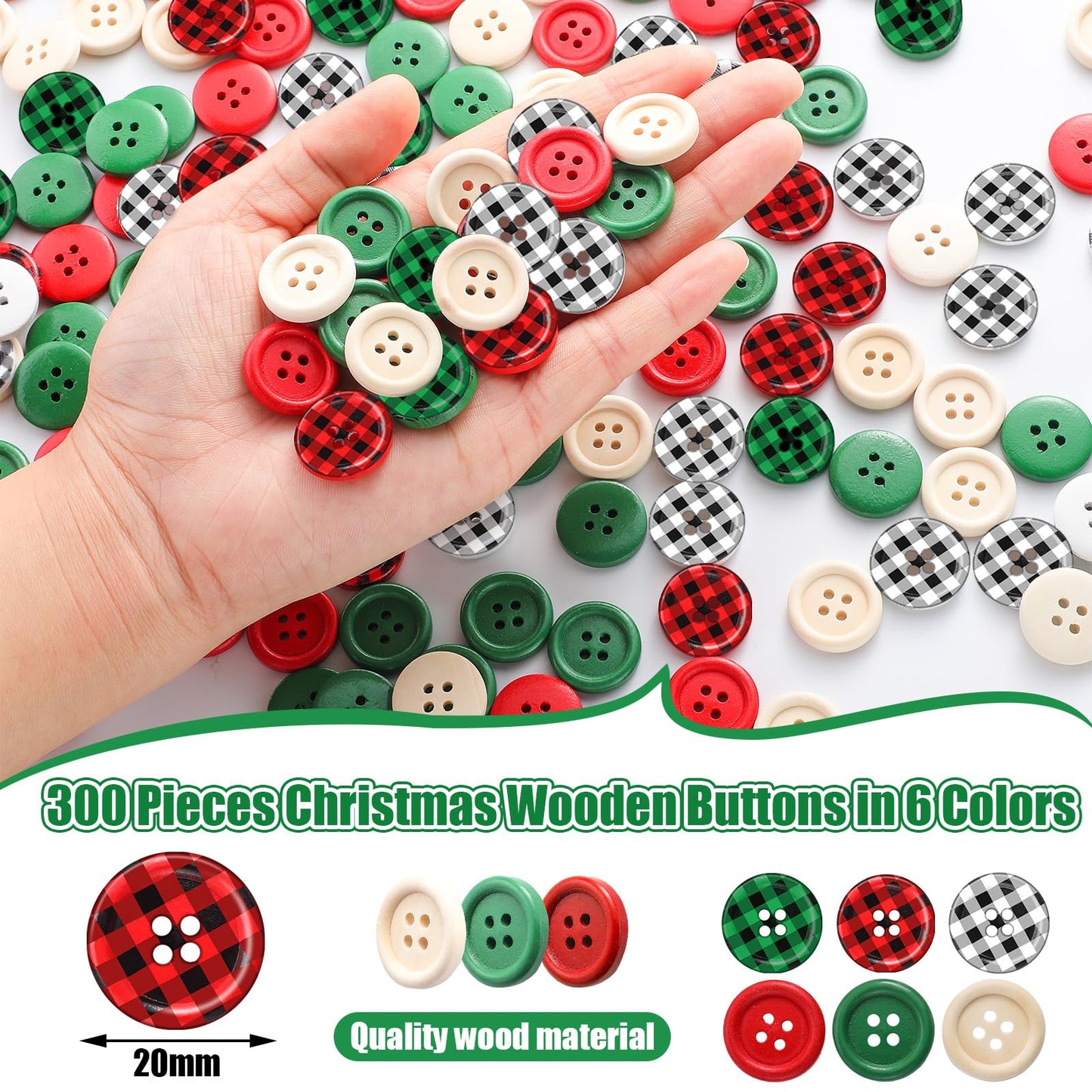 Luinabio 300 Pieces Christmas Buffalo Plaid Wood Buttons 4 Holes Black Red Wooden Buttons Gingham Craft Buttons Round Decorative Buttons for DIY Sewing Christmas Stocking Decor 0.79 Inch 6 Style