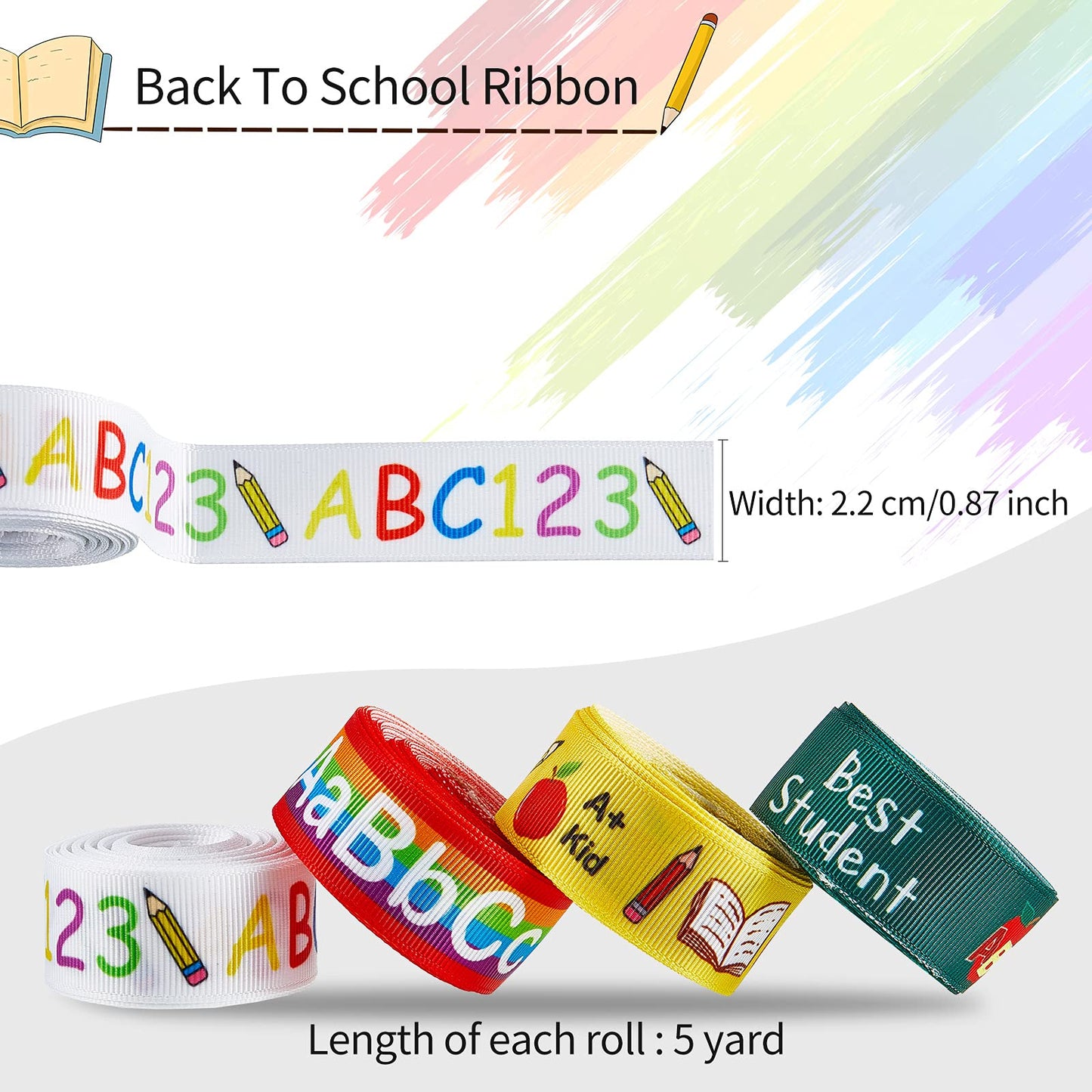 4 Rolls/ 20 Yards Back to School Ribbons School Rock Grosgrain Ribbons School Themed Ribbon School Pattern Wrapping Ribbon for Teacher Appreciation Gift Wreath All Crafting and Sewing, 4 Styles