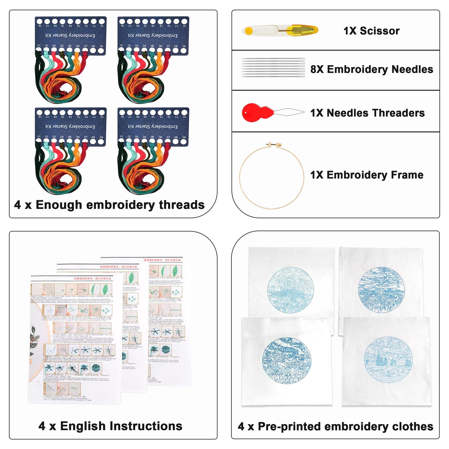 Maydear 4 Packs Embroidery Starter Kit with Pattern, Stamped Cross Stitch Kits for Beginners Adults with Embroidery Hoop and Instructions, Hand Embroidery Kit (A-Embroidery kit Florals)