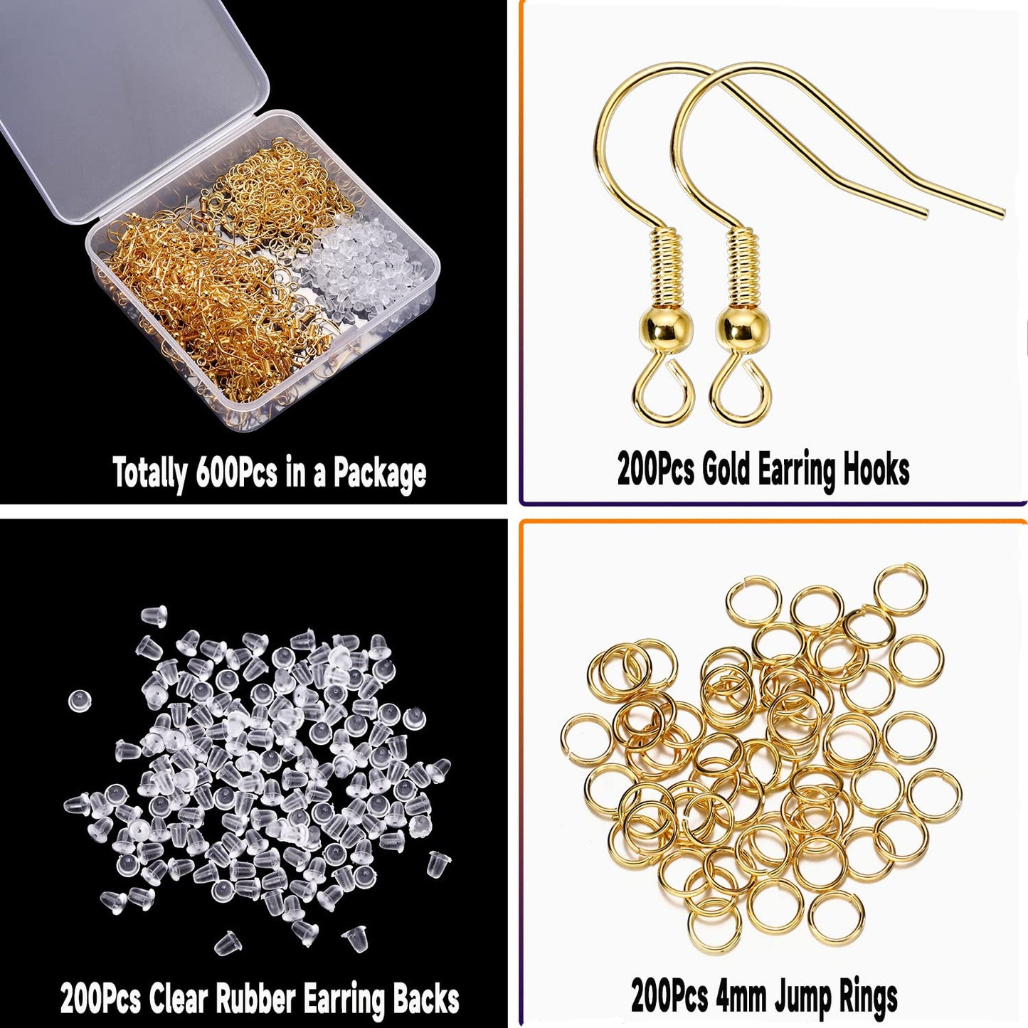 600Pcs Hypoallergenic Earring Hooks, Gold Earring Making Kit, with Earring Backs and Jump Rings for Jewelry Making (Gold)