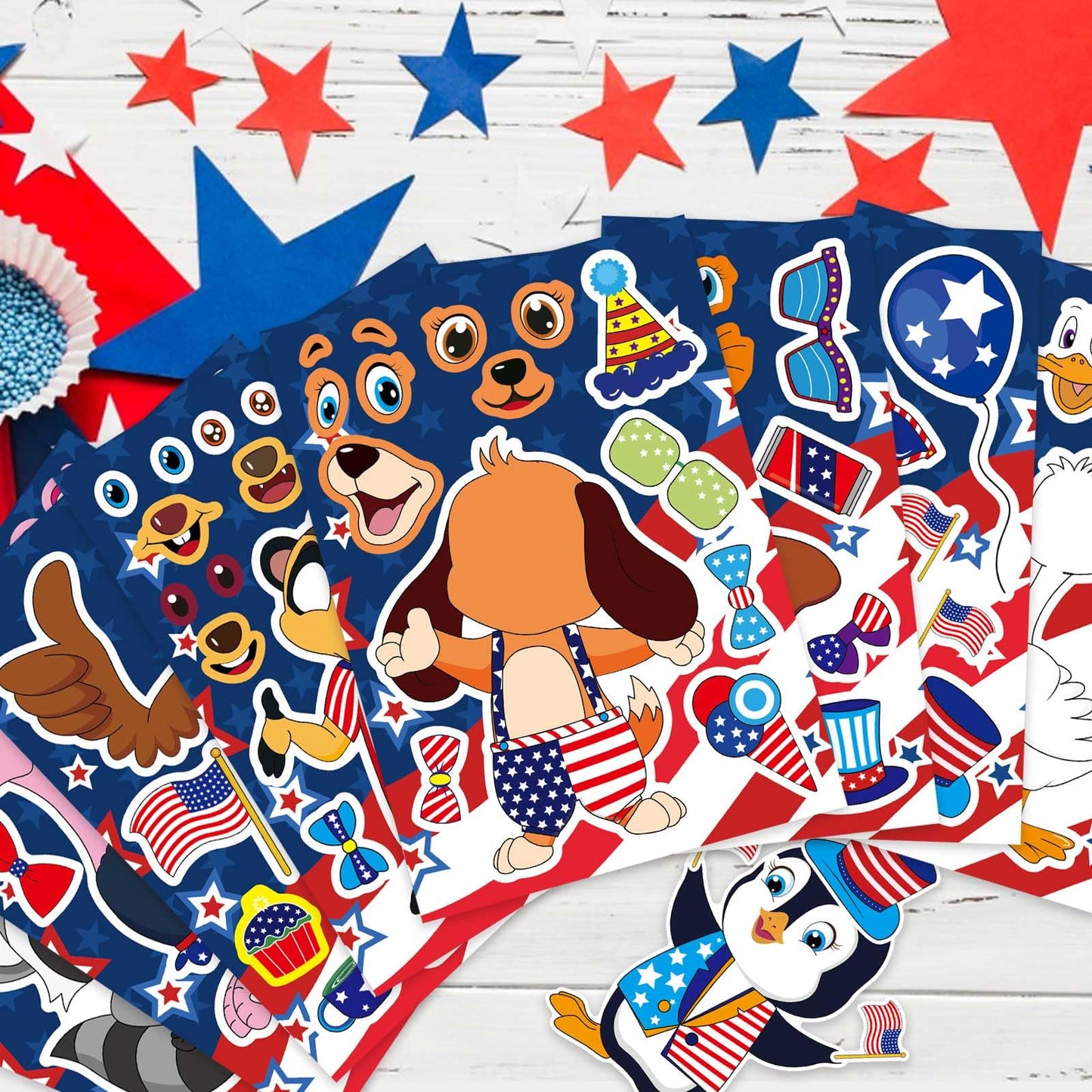 24PCS 4th of July Sticker for Kids, Make-a-face Stickers, Independence Day Patriotic Crafts Stickers, Make Your Own Animal Sticker with The Stars and The Stripes, USA Clasroom Decoration Memorial Day