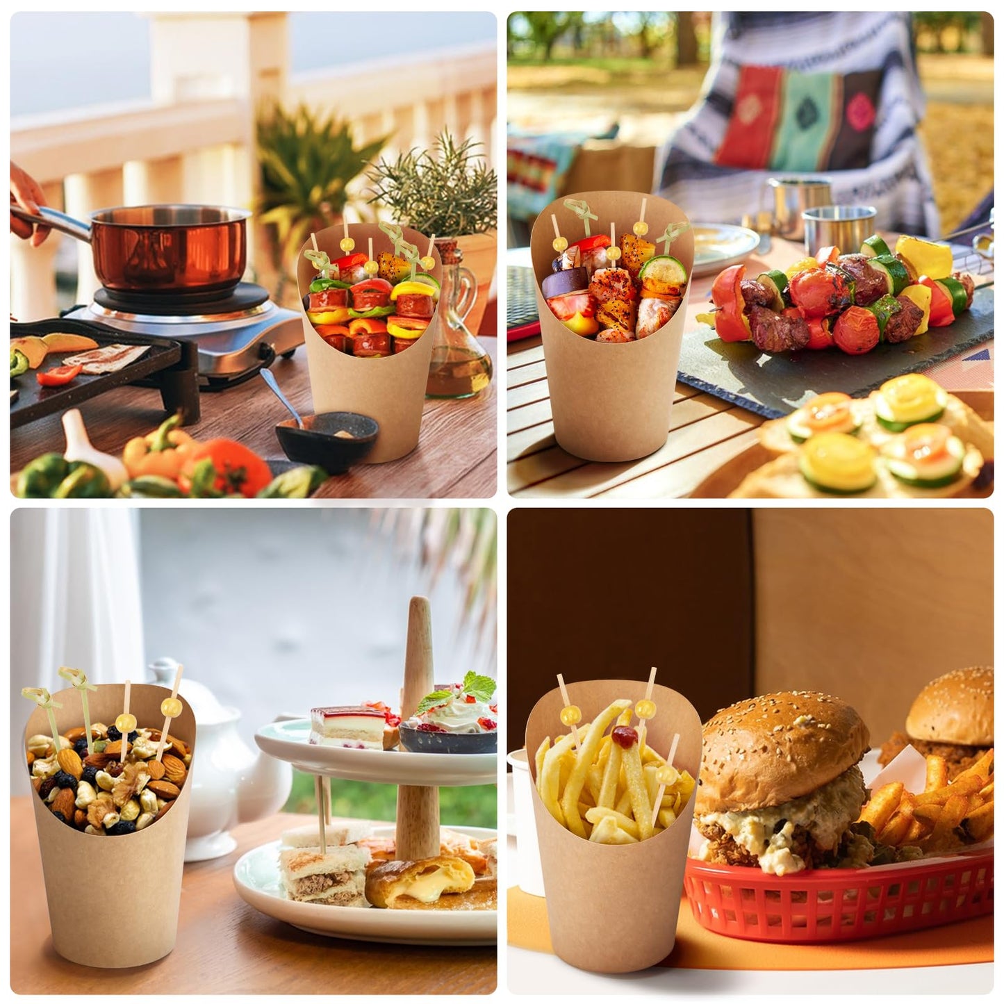 EWVVSS 60pcs Individual Disposable Charcuterie Cups with Sticks,60 Portable Bags,200pcs Cocktail Skewers,14oz Brown Paper Appetizer Cups for French Fry, Party Supplies