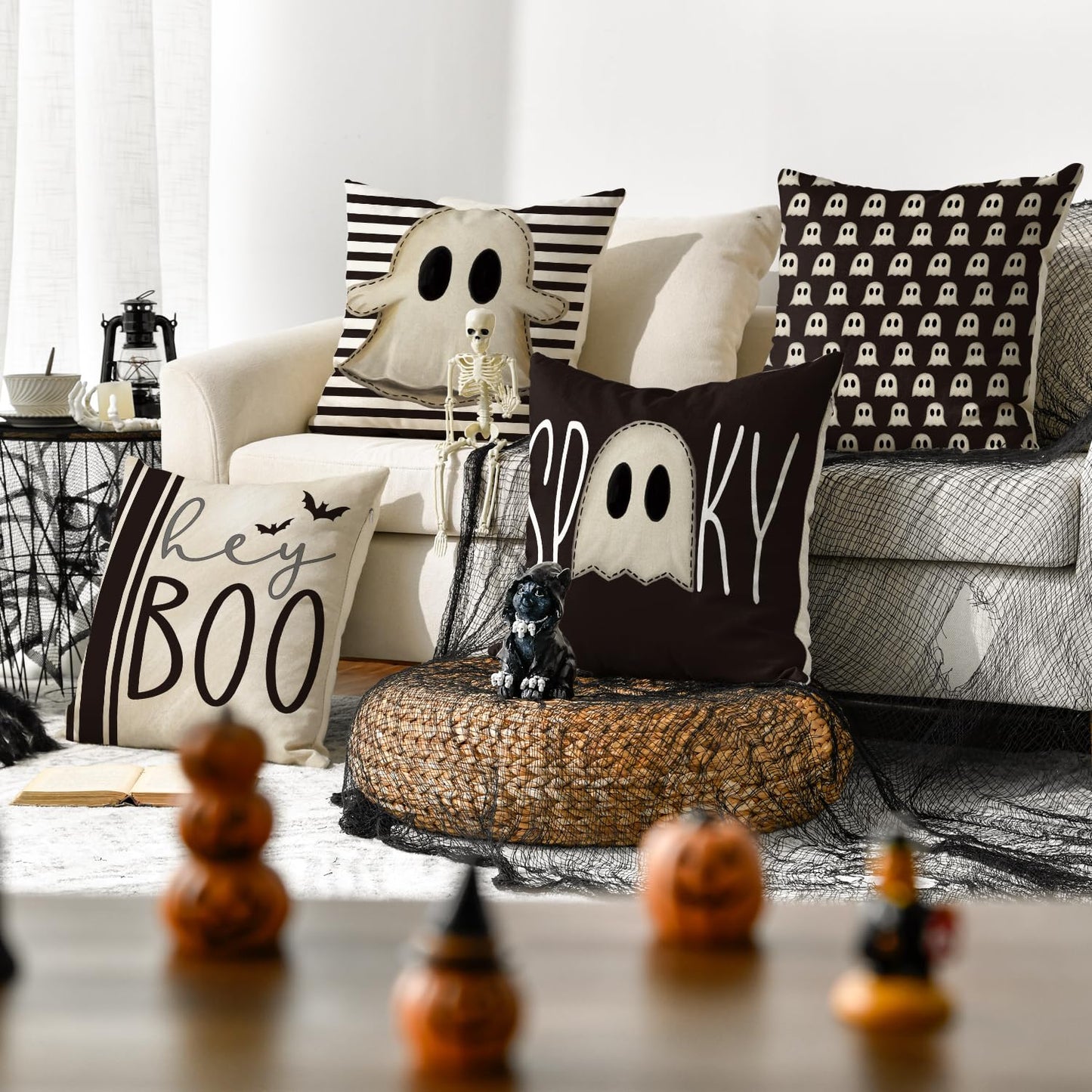 Halloween Pillow Cover, Halloween Hey Boo Cute Ghost Spooky Throw Pillow Covers, 18 x 18 Inch Horror Scary Cushion Case for Sofa Couch Set of 4, Black