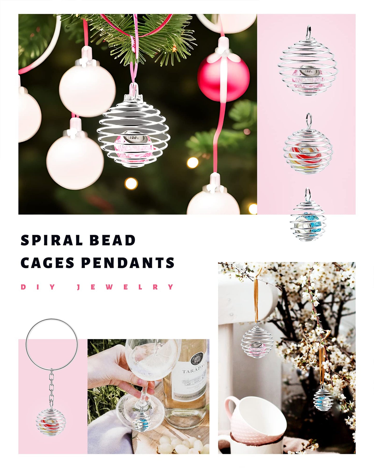 JIALEEY Spiral Bead Cages Pendants, 30 PCs 3 Sizes Silver Plated Stone Holder Necklace Cage Pendants Findings for Jewelry Making and Crafting