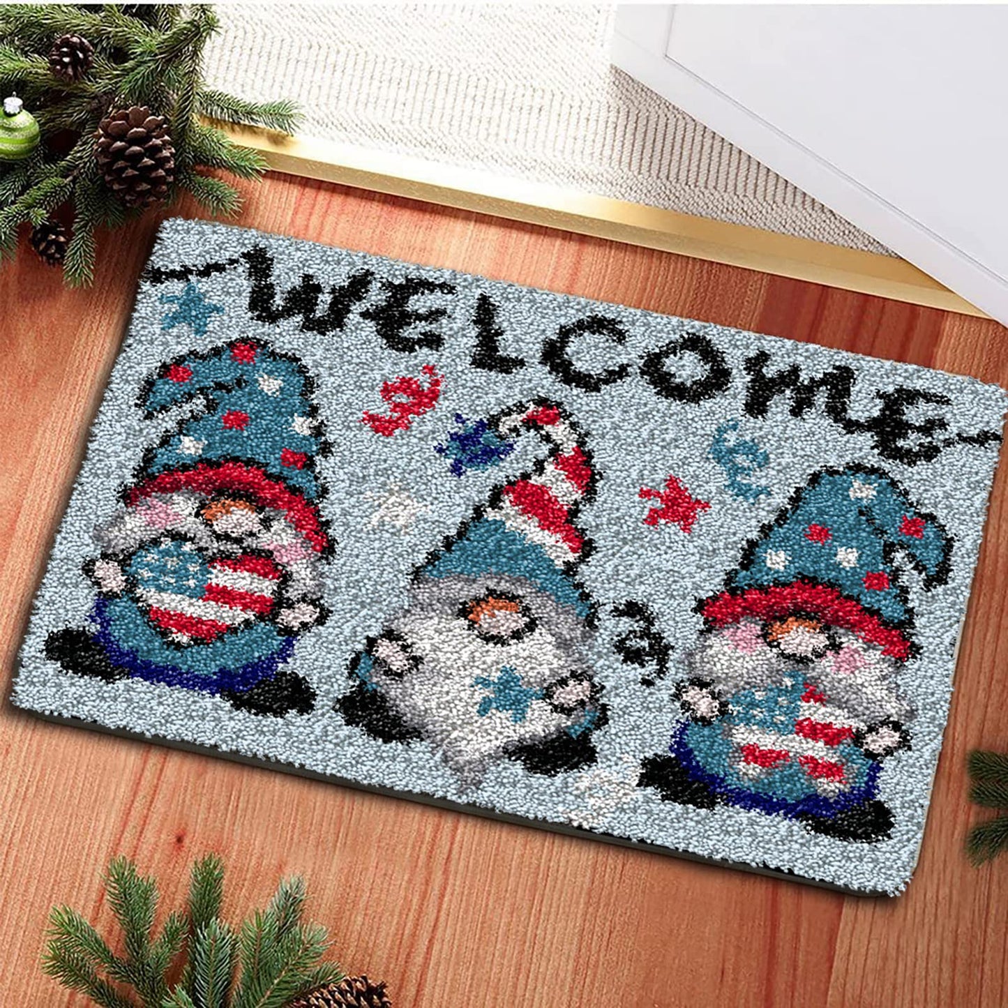 Latch Hook Kits for Adults Kids Christmas Rug Making Kits with Printed Canvas Carpet Tapestry Kits DIY Needlework Doormat Creative Gift Home Decoration 20.5Inch X13.8Inch (Blue)
