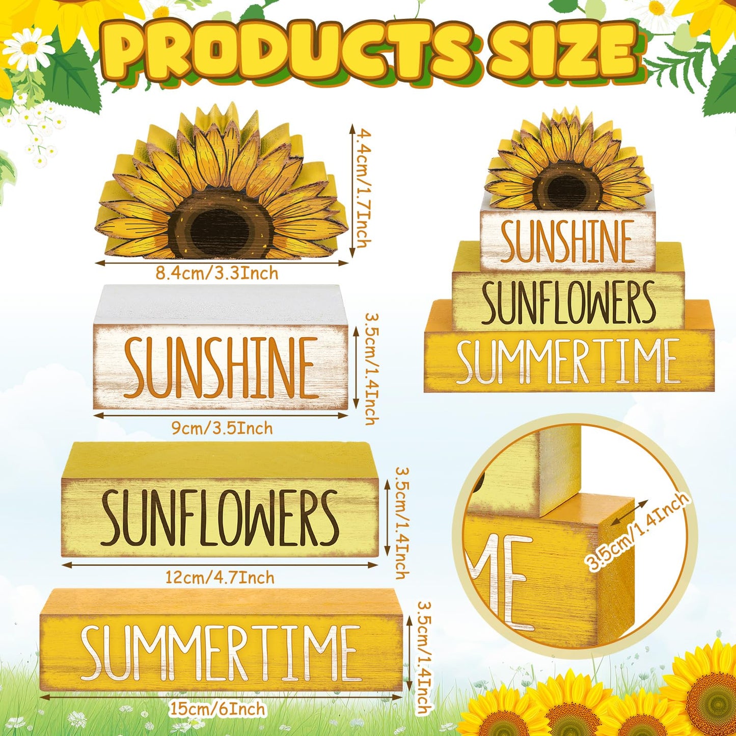 4 Pcs Summer Wooden Tiered Tray Decor Farmhouse Rustic Table Decor Books Stack Block Signs for Table & Home Office Decorations(Sunflower Style)