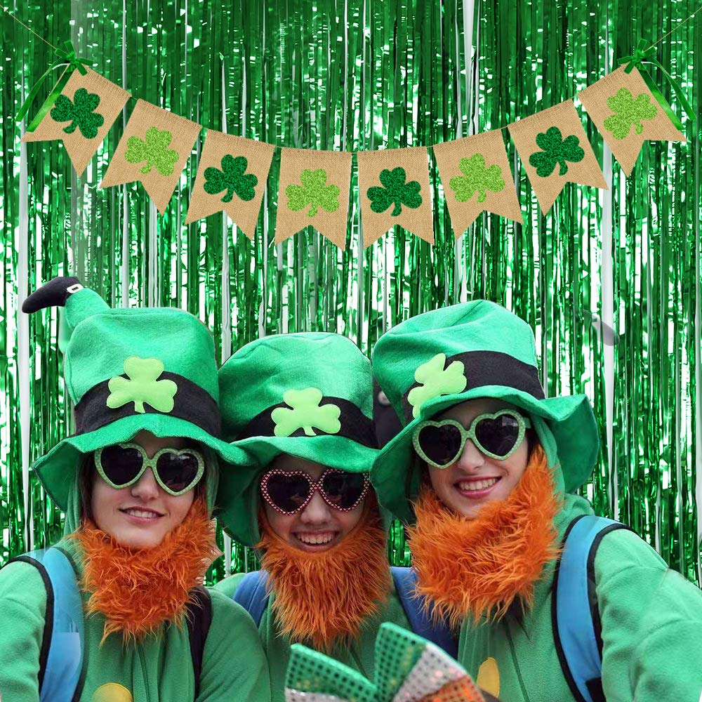 Glittery Shamrock Burlap Banner St. Patrick's Day Green Shamrock Clover Banner Garland with Bows Saint Patrick's Day Party Decorations for Irish Lucky Day St. Patty’s Day Home Outdoor Decor
