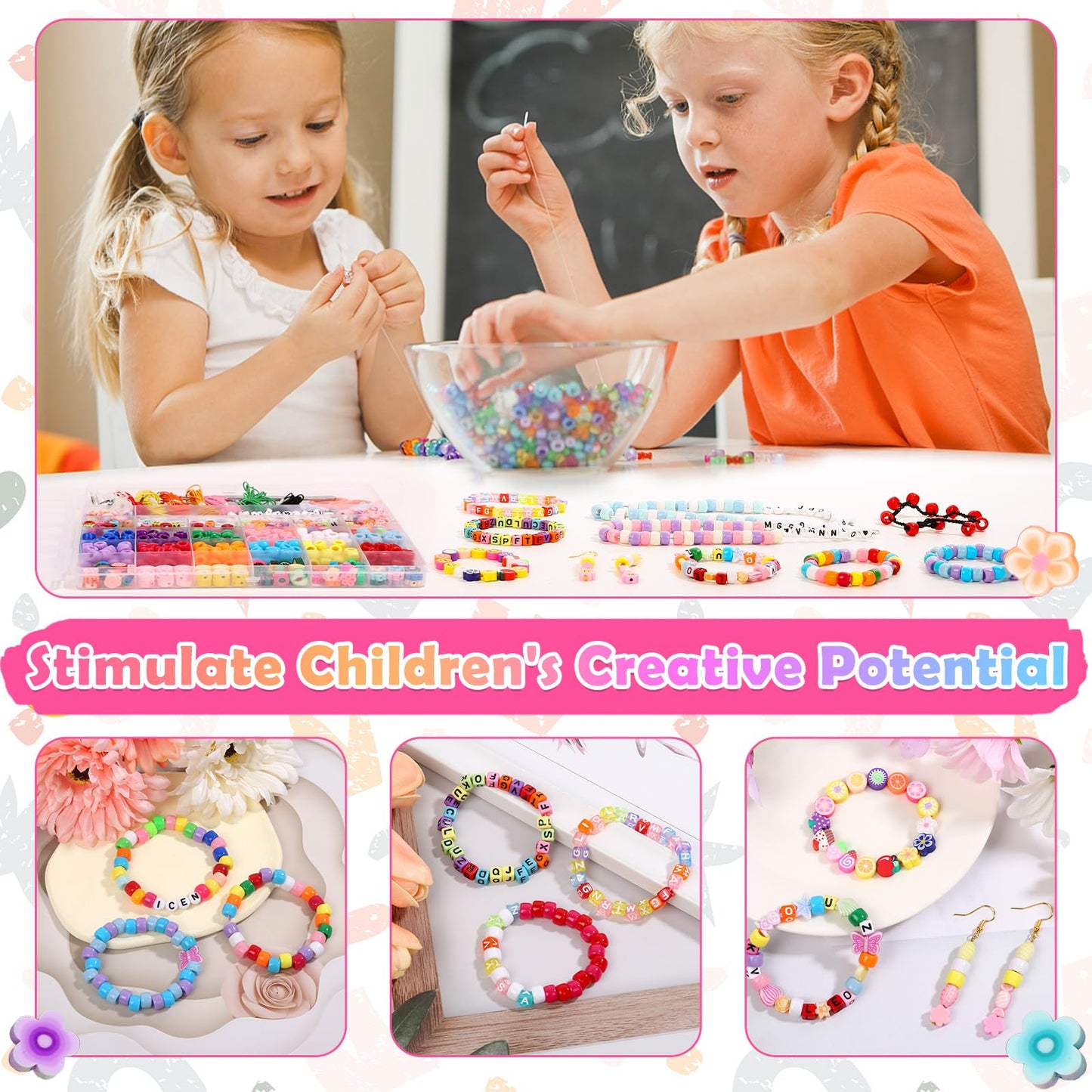 Bead Bracelet Making Kit, Bead Kits for Bracelets Making with Pony Beads, Polymer Fruit Clay Beads, Charm Beads, Letter Beads for Bracelets and Jewelry Making