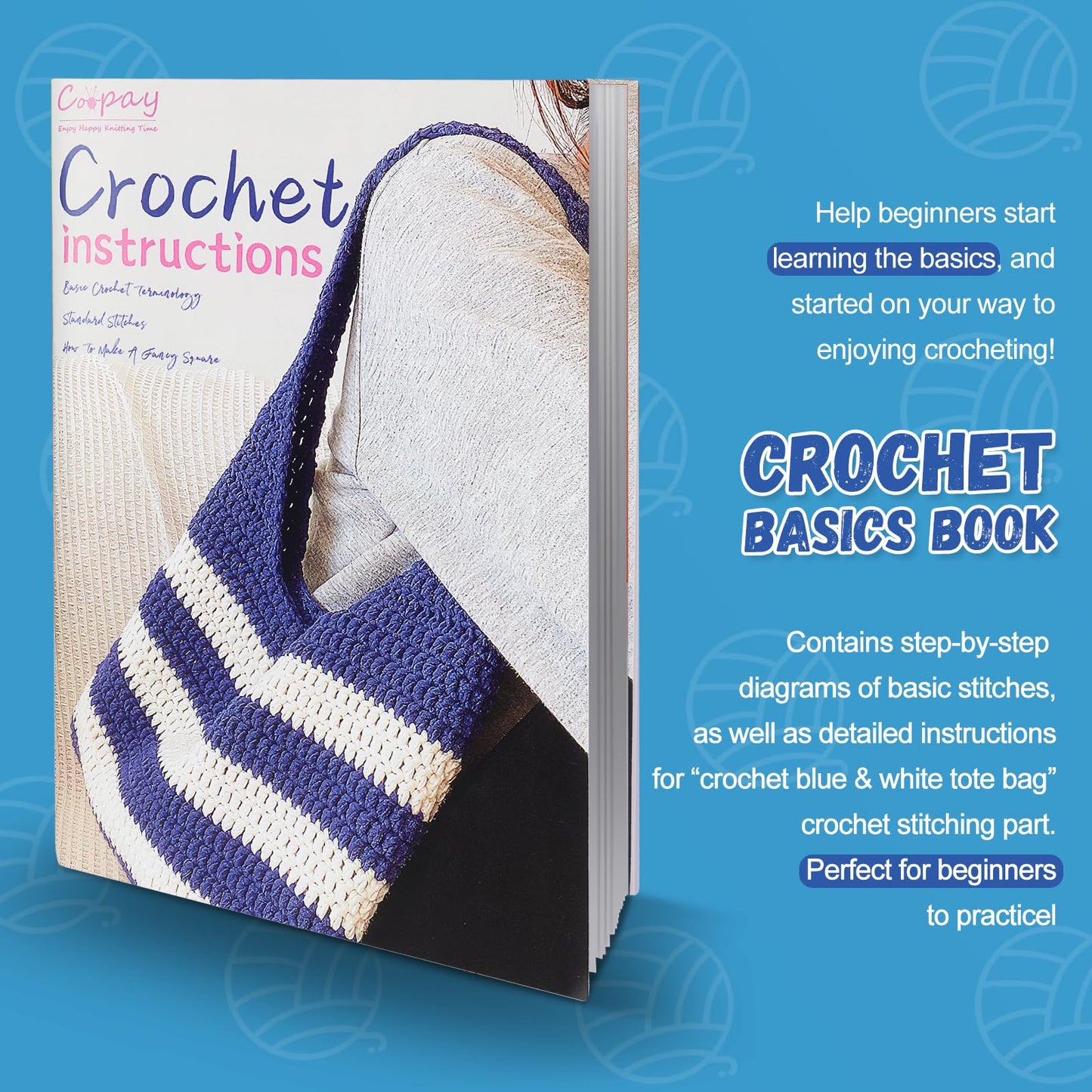 Crochet Set for Crochet Shoulder Bag, Crochet Kit for Beginners Included Instructions & Crochet Accessories Tools, Complete Crochet Starter Kit Learn to Crochet Blue and White Striped Tote Bag