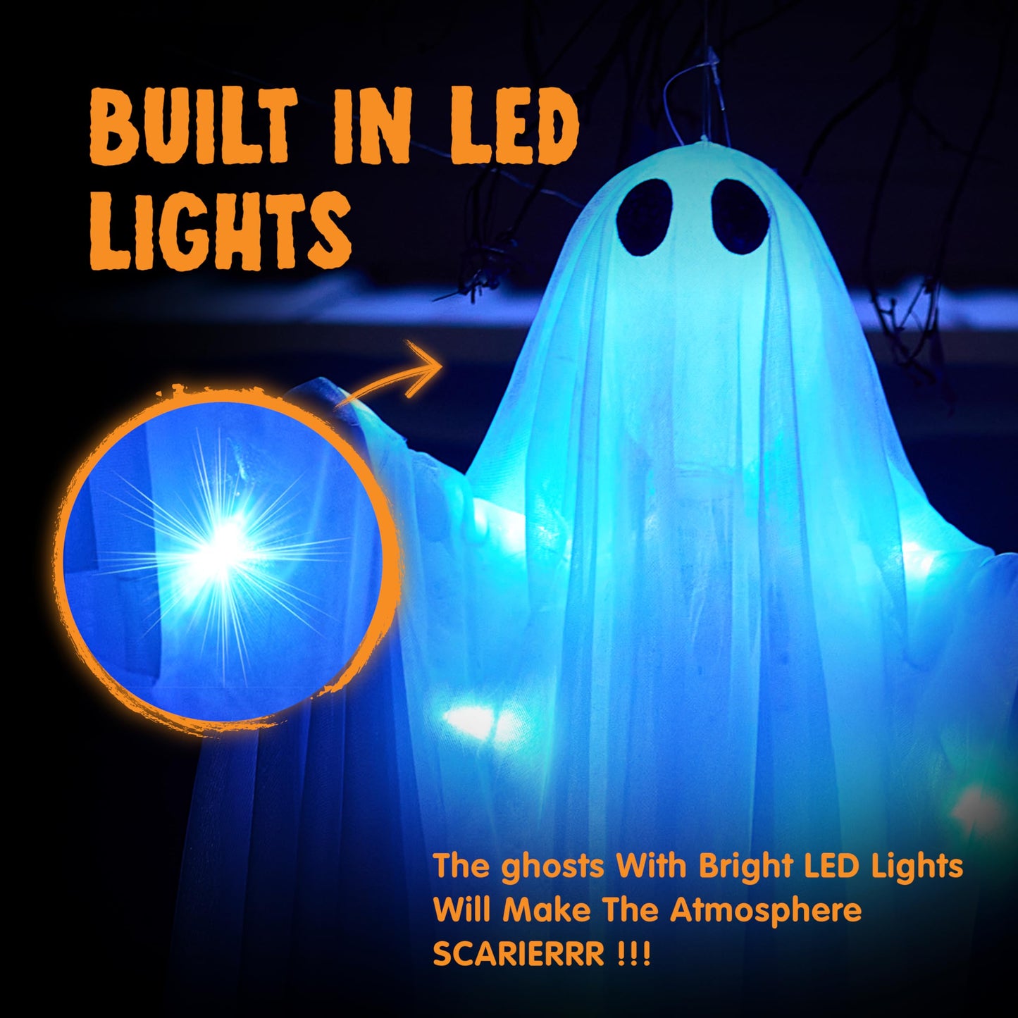 JOYIN 2 Pcs 47” Halloween Hanging Light up Ghost with Blue LED Light, Halloween Hanging Ghosts Decoration for Front Yard Patio Lawn Garden Party Decor Indoor Outdoor