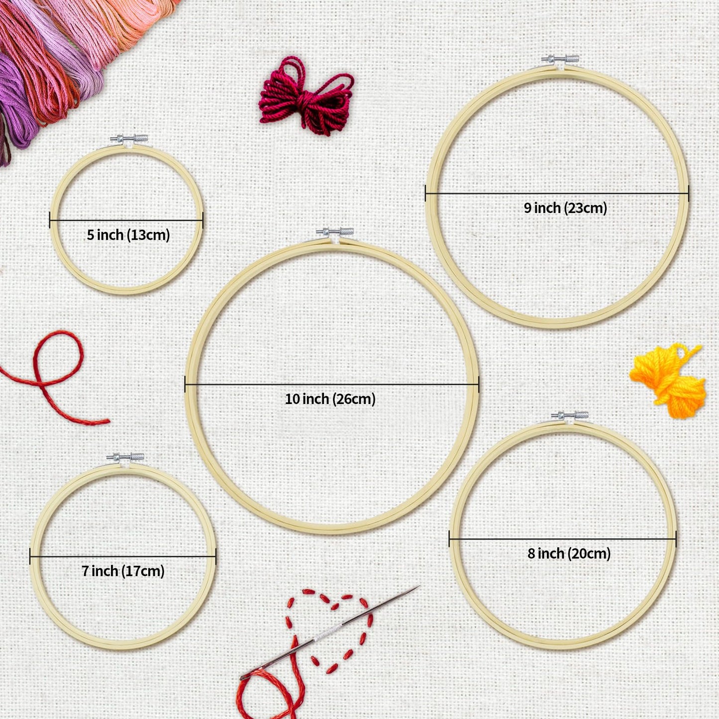 5 Pieces Embroidery Hoops 5 inch to 10 inch,Round Bamboo Adjustable Frame Circle Cross Stitch Hoop for Embroidery,Decoration and Art Craft Sewing