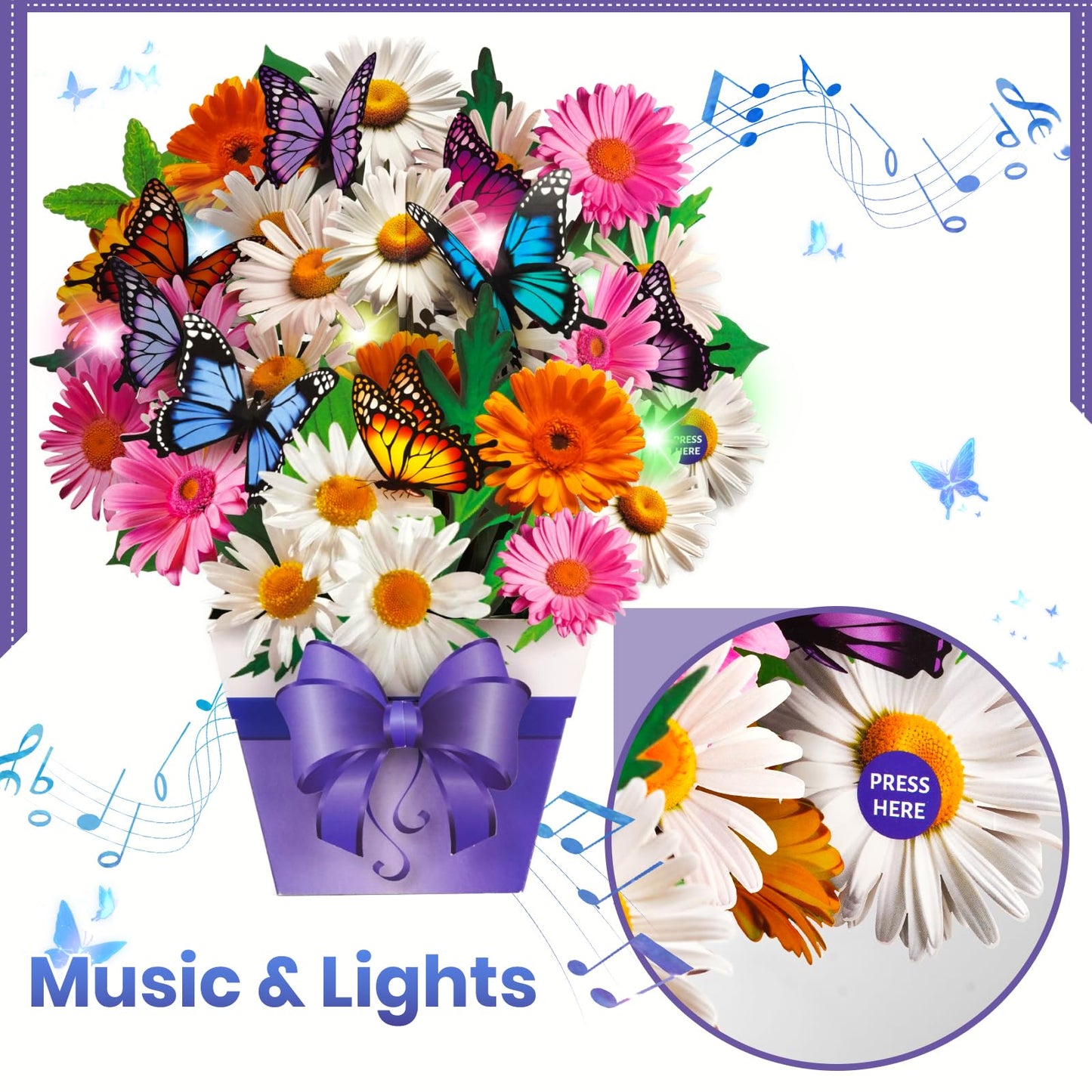 APOTODITO Butterfly Cards with Music and Light, Flower Bouquet Card, Mothers Day Cards, Mothers Day Gifts for Mom, Women, Wife, Sister (daisy and butterfly)