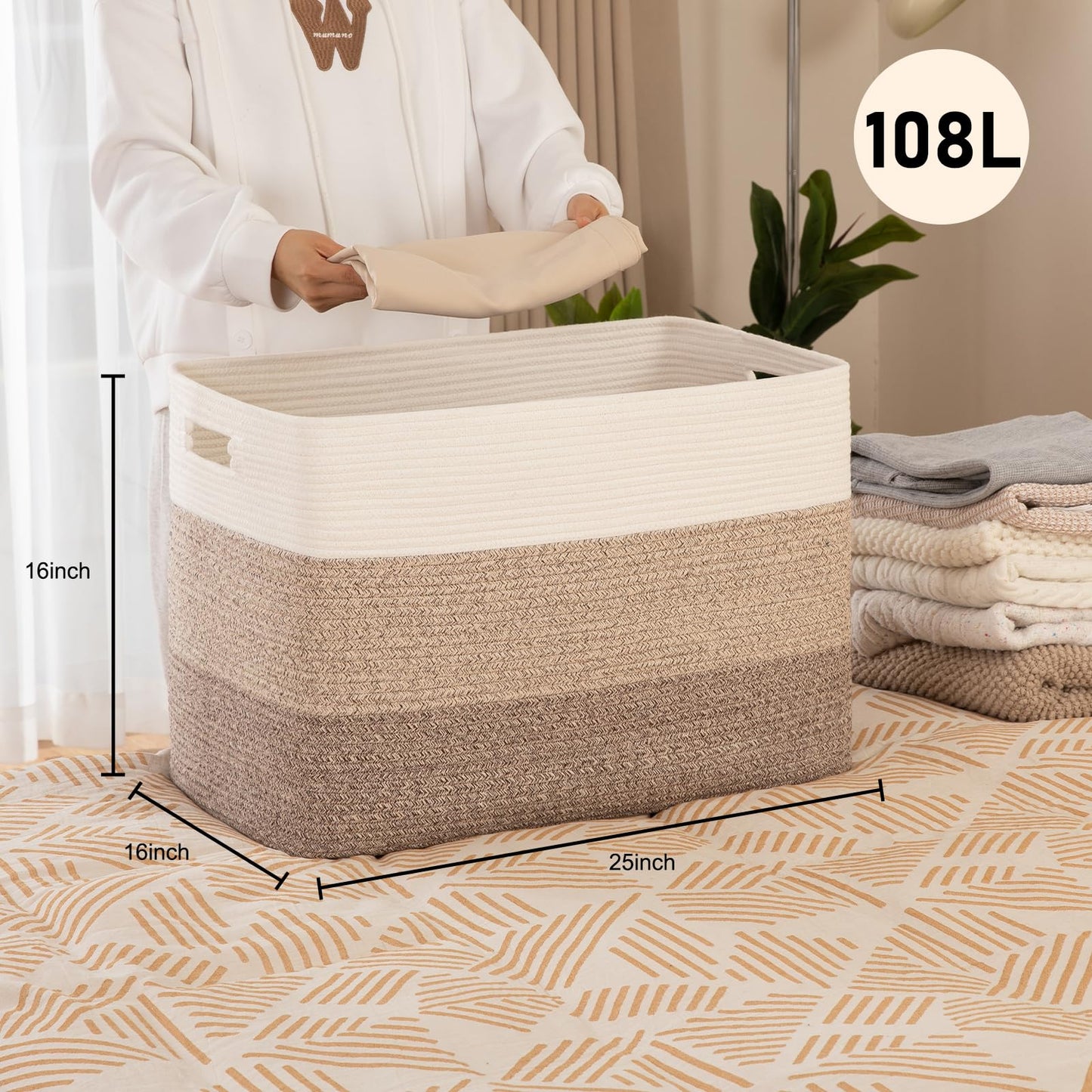 OIAHOMY 108L Super Large Blanket Basket, 25”x16”x16”(108L) Rectangle Woven Baskets for Storage, Cotton Rope Basket For Living Room, Toy Storage with Handle- Gradient Brown