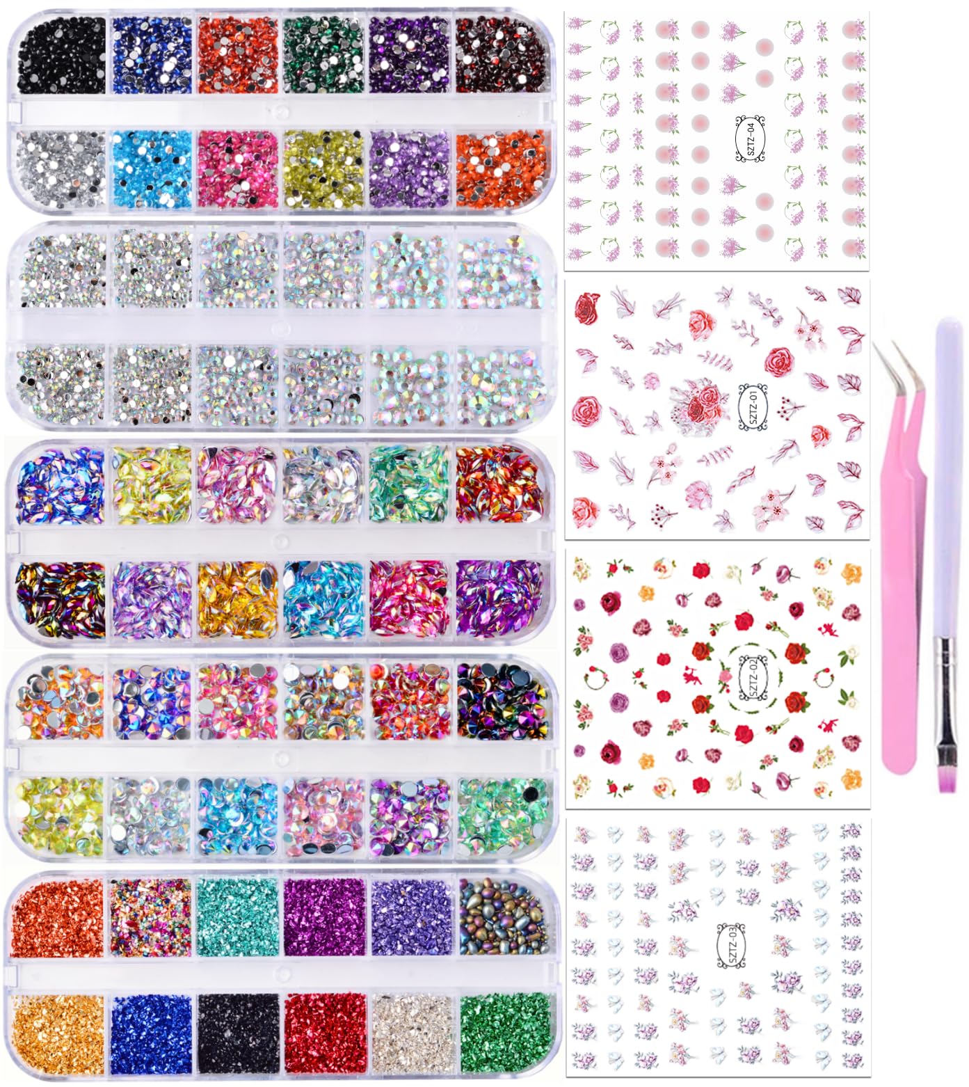 editTime 5000 Pieces (5 Boxes) Shiny Colorful Nail Art Rhinestones Nail Stone Gems Design Kit and 4 sheets flower nail art stickers with a Curved Tweezers and a Nail Brush (multicolor)