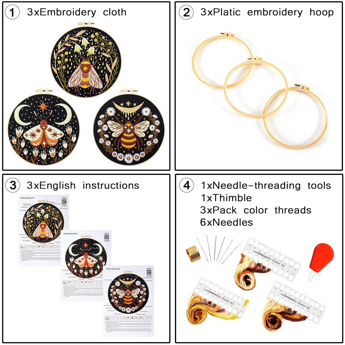Hand Embroidery Starter Kits for Beginners Adults, Counted Stamped Cross Stitch Kit for Beginners Adults, Embroidery Needlepoint Kit with Moth Flower Pattern, 3 Hoops (Attached Teaching Video QR Code)