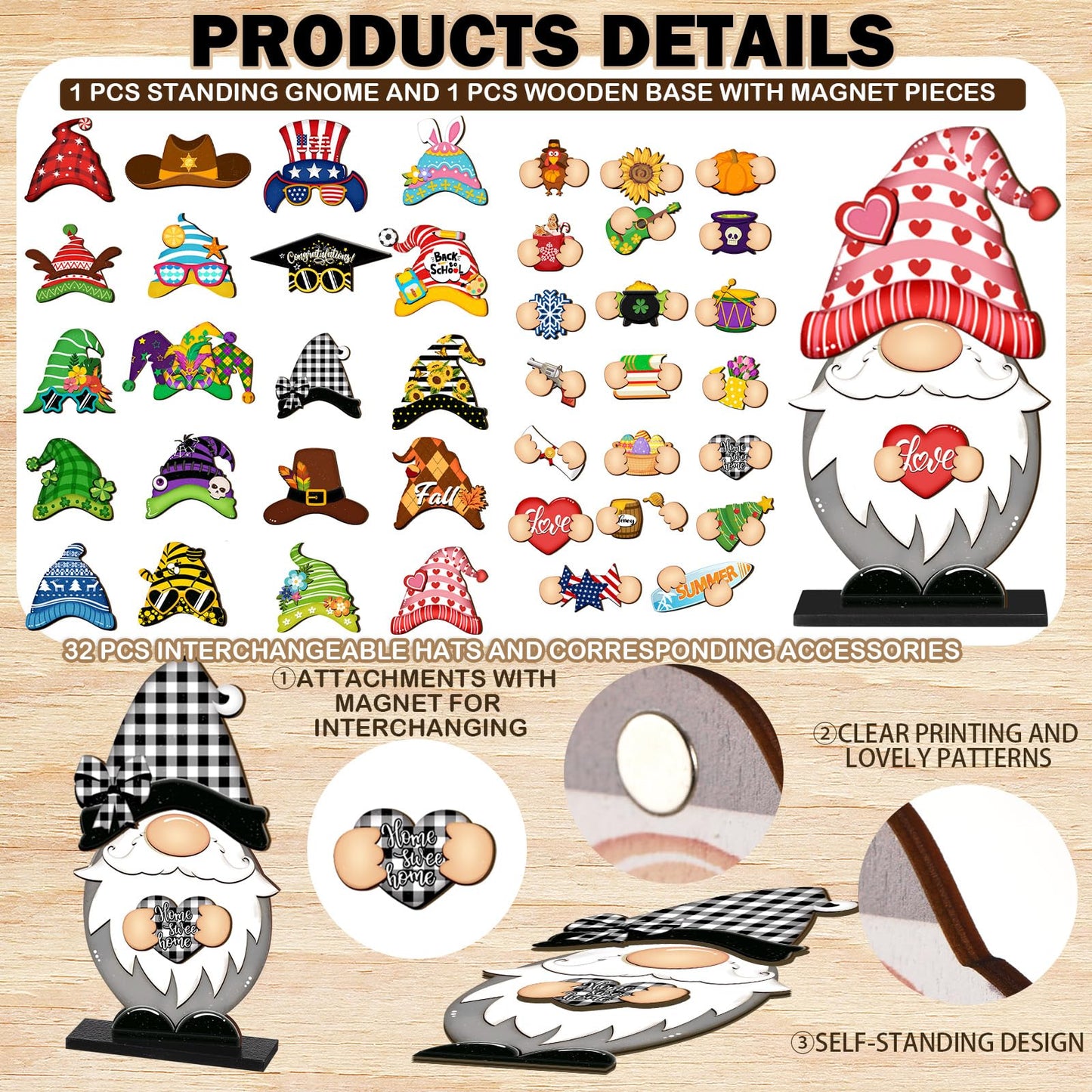 34 Pcs Christmas Interchangeable Wooden Gnome Decor DIY Holiday Christmas Seasonal Tiered Tray Decoration Gnomes with Magnet Pieces Welcome Sign for Xmas Holiday Decorations (Classic)