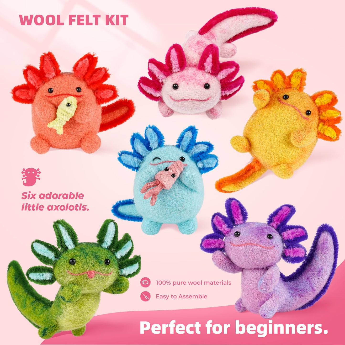 Needle Felting Kit, 6 PCS Animal Needle Felting Beginner Kits, Wool Felt Needle Felting Tools Foam Pad, Craft Party Supplies for Beginners Adult(6pack Axolotl)