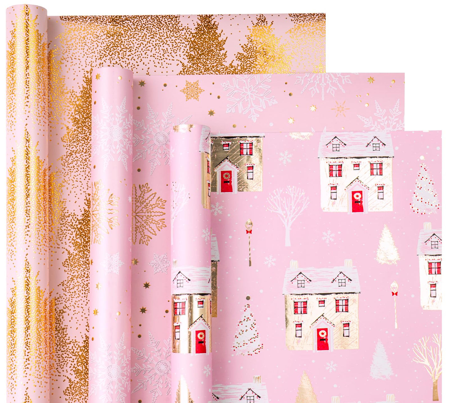 Christmas Wrapping Paper Roll - Mini Roll - 3 Rolls - 17 Inch X 120 Inch Per Roll - Pink and Gold House, Christmas tree, Snowflake Holiday Collection with Metallic Foil Shine