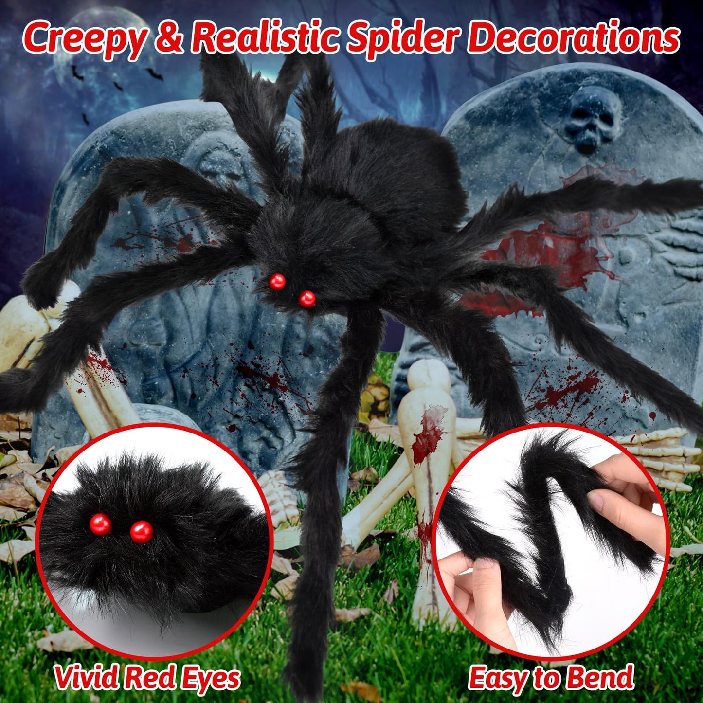 EZIGO Halloween Spider Decorations 3PCS Giant Spider Huge Spider Web Stretch Web Component of Huge Spider and Mega Spider Web Halloween Party Supplies Yard Halloween Outdoor Décor Haunted Decoration