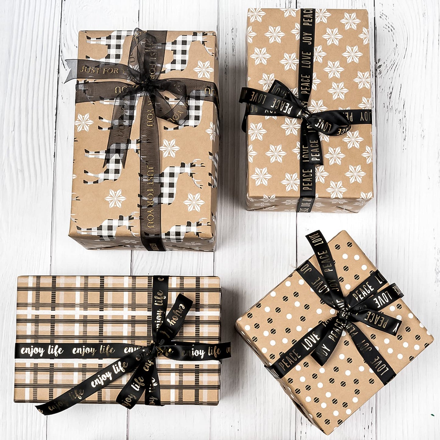 Christmas Wrapping Paper, Kraft Paper - Deer, Snowflake and Plaid Style Designs - 4 Rolls - 30 inches x 10 feet per Roll