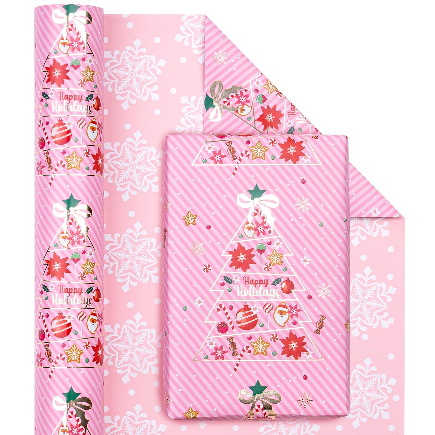 Reversible Pink Christmas Wrapping Paper - Mini Roll - 17 Inch x 33 Feet - Pink Christmas Tree Wrapping Paper and Snowflake Design for Holiday, Party Celebration