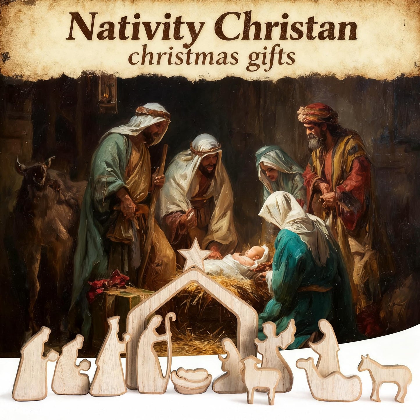 Nativity Scene Set, 13Pcs Wooden Christmas Nativity Scene Miniature Holy Family Figurines, Minimalism Boho Tabletop Christmas Manger Decorations for Indoor Home Mantel Display