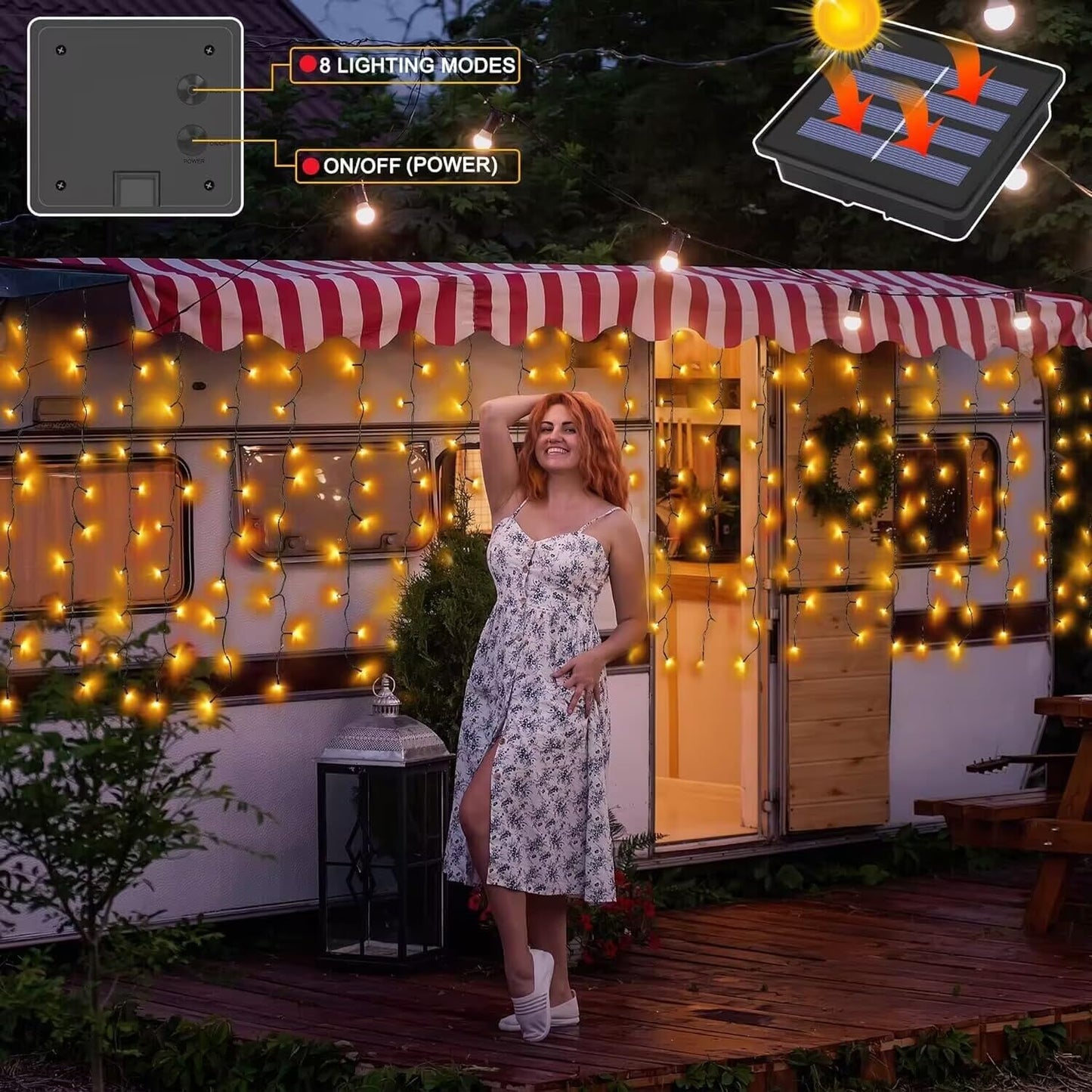 DBFAIRY Solar Curtain Lights,13ft x 3.3ft 200 LED Outdoor Solar Curtain Lights Waterproof Green Wire with 8 Mode for Garden Handrail Railing Eaves Wall Decoration -Warm White