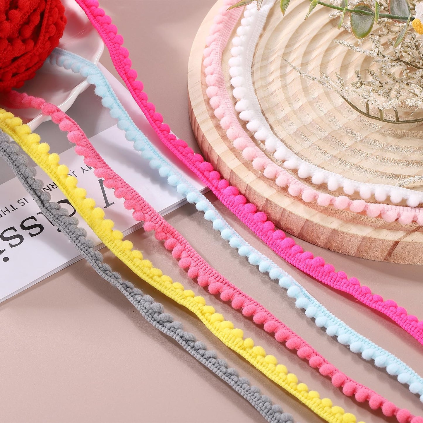 8.5 Yards Pom Trim Ribbon, 0.5" Wide Dark Red Pom Ball Fringe Trim Sewing Fringe Fabric Trim Ribbon for DIY Crafts Curtain Clothes Pillow Home Decoration