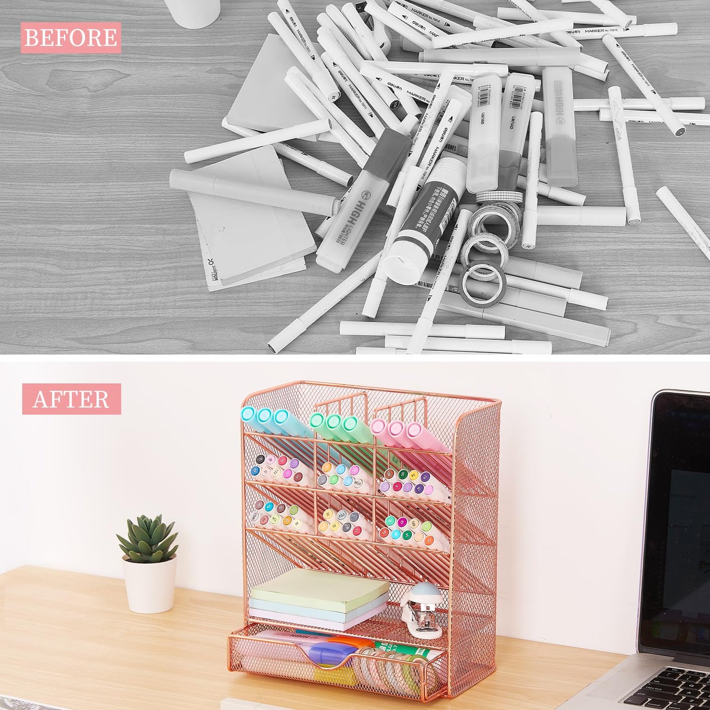 Spacrea Pen Holder Desk Organizer - Desk Organizers and Accessories, Pencil Holder with 10 Compartments and 1 Drawer(Rose Gold)