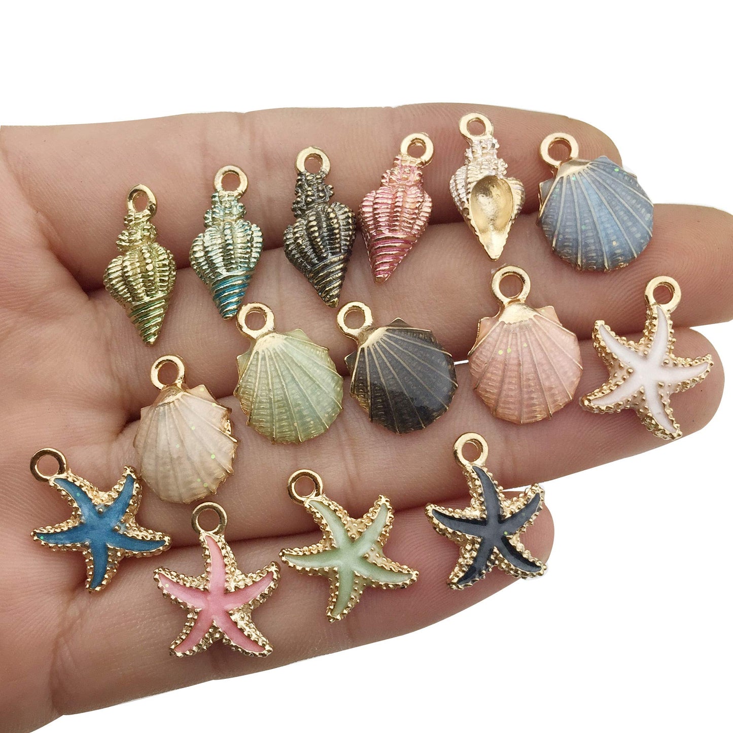 30pcs Assorted Gold Plated Enamel Ocean Starfish Conch Shell Charm Pendant for DIY Jewelry Making Necklace Bracelet Earring DIY Jewelry Accessories Charms (M156)