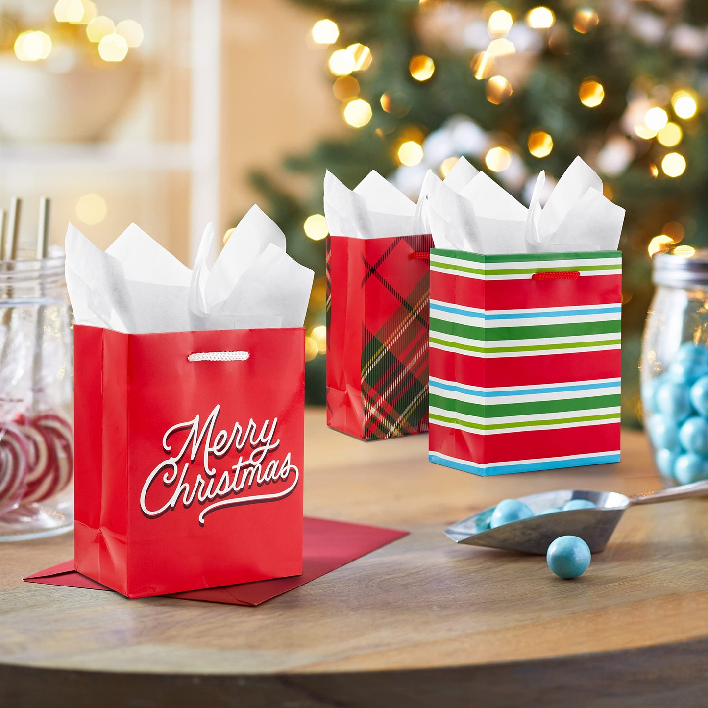 Image Arts 5" Small Christmas Gift Bag Bundle (10 Bags: Santa, Plaid, Stripes, Penguin) for Kids, Coworkers, Gift Cards, Party Favors