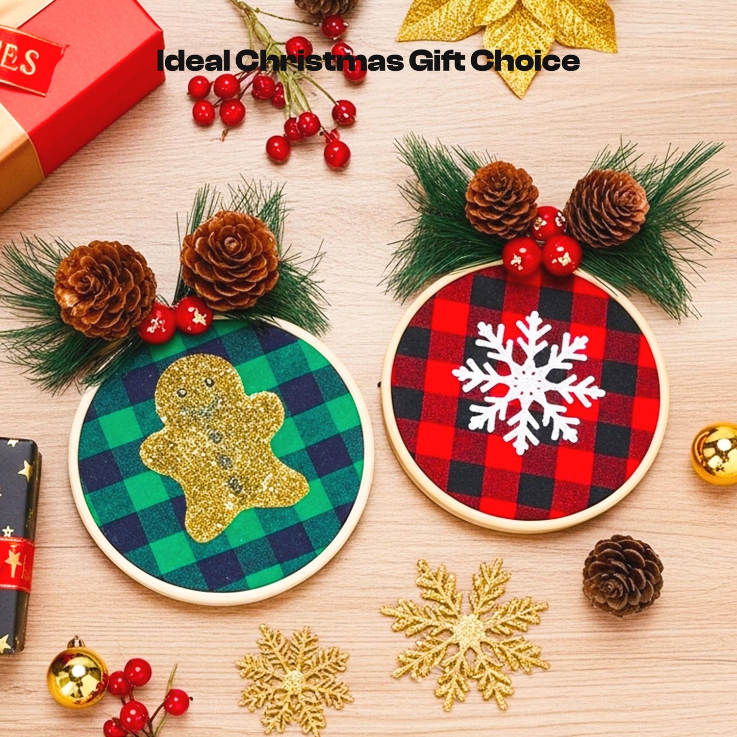 111 Pieces Christmas Ornament Making Kit Including 3 Inch Embroidery Hoops, 5 Inch Squares Plaid Fabric and Pink Mini Heat Press for DIY Christmas Decoration
