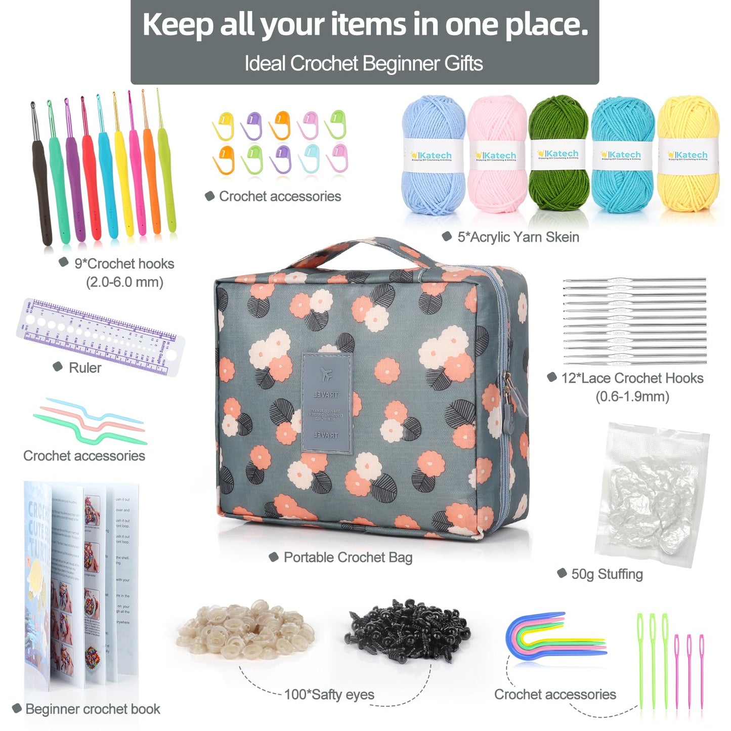 Beginner Yarn for Crocheting and Knitting-Crochet Yarn Kit for Beginners-Includes 382 Yards Cotton Yarn Balls, Hooks, Accessories, Tutorials, Ideal Starter Kit for Kids Adults Professionals