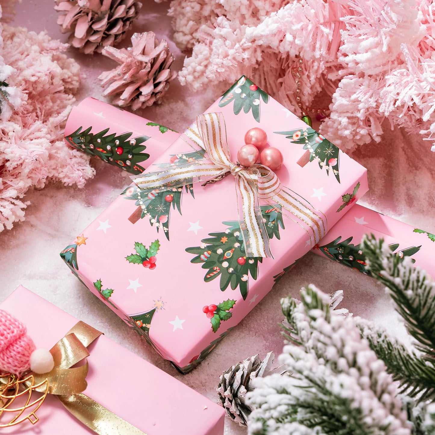 WRAPAHOLIC Reversible Pink Christmas Wrapping Paper - Mini Roll - 17 Inch x 33 Feet - Pink Christmas Tree Wrapping Paper for Holiday, Party Celebration