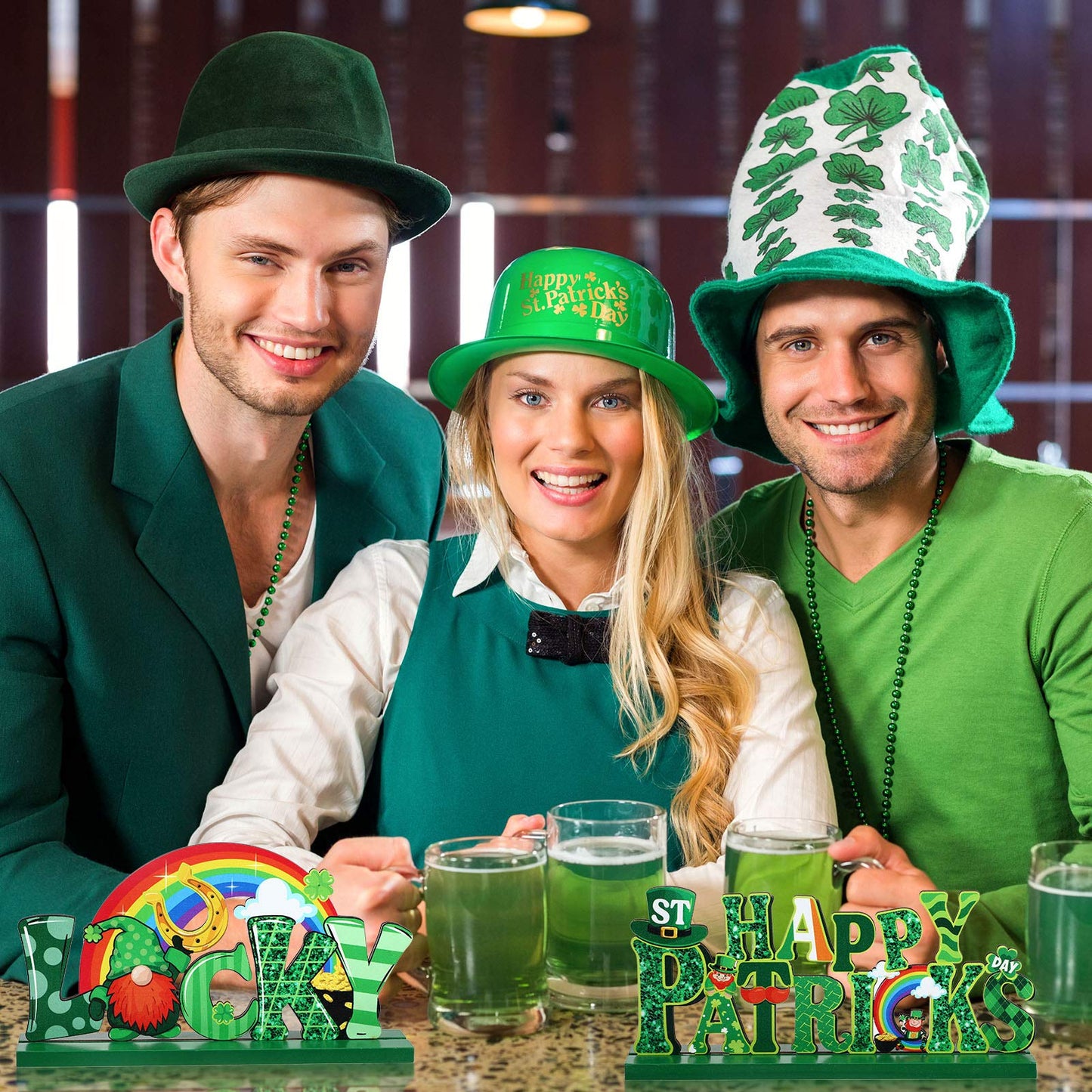 3 Pieces St. Patrick's Day Table Decoration Shamrock Sign Centerpieces Leprechaun Decoration Wooden Irish Themed Decor for St. Patrick's Day Dinner Coffee Tier Tray, 7.87 x 4.72 Inch