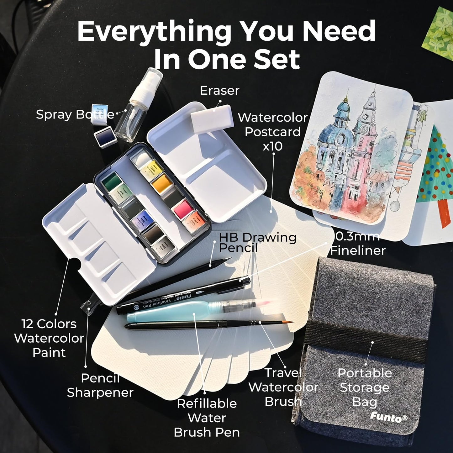 Funto Travel Watercolor Set, 12-Color Paint, 10 Premium Postcards, Brush, Brush Pen, Fineliner, Pencil, Painting Set for Adults, Beginner, and Artists